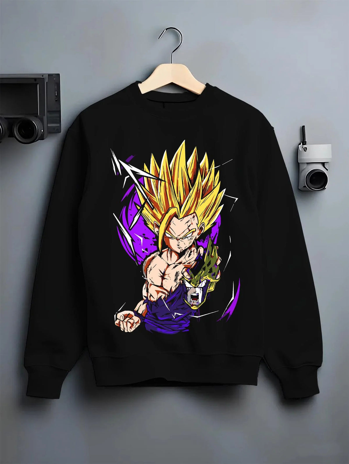 Black crewneck sweatshirt on hanger featuring Gohan Super Saiyan 2 Cell Saga artwork.