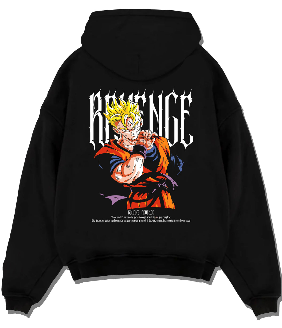 Black hoodie flat back view showing Super Saiyan Goku from Dragon Ball: golden power pose