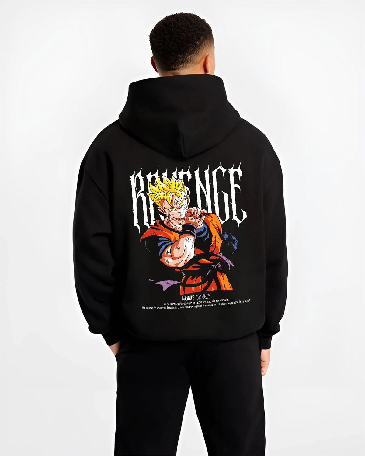 Black hoodie model back view showing Super Saiyan Goku from Dragon Ball: golden power pose