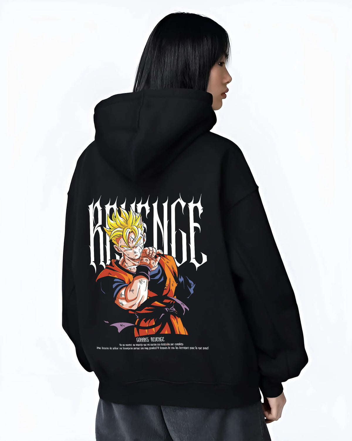 Black hoodie female model back view showing Super Saiyan Goku from Dragon Ball: golden power pose