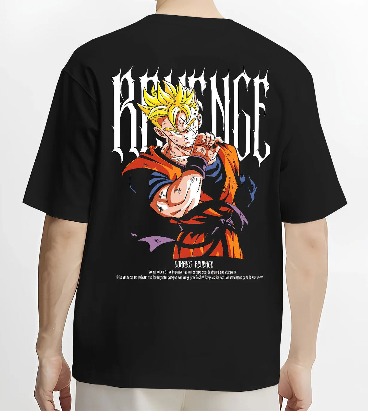 Black T-shirt model back view showing Super Saiyan Goku from Dragon Ball: golden power pose