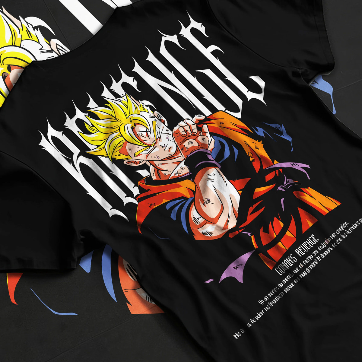 Black T-shirt flat back view showing Super Saiyan Goku from Dragon Ball: golden power pose