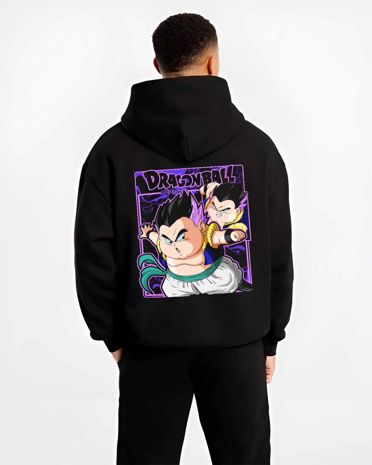 Black hoodie worn by male model, back view with Dragon Ball Z Hoodie Goten Trunks Fusion Dance Jumper graphic premium wear.