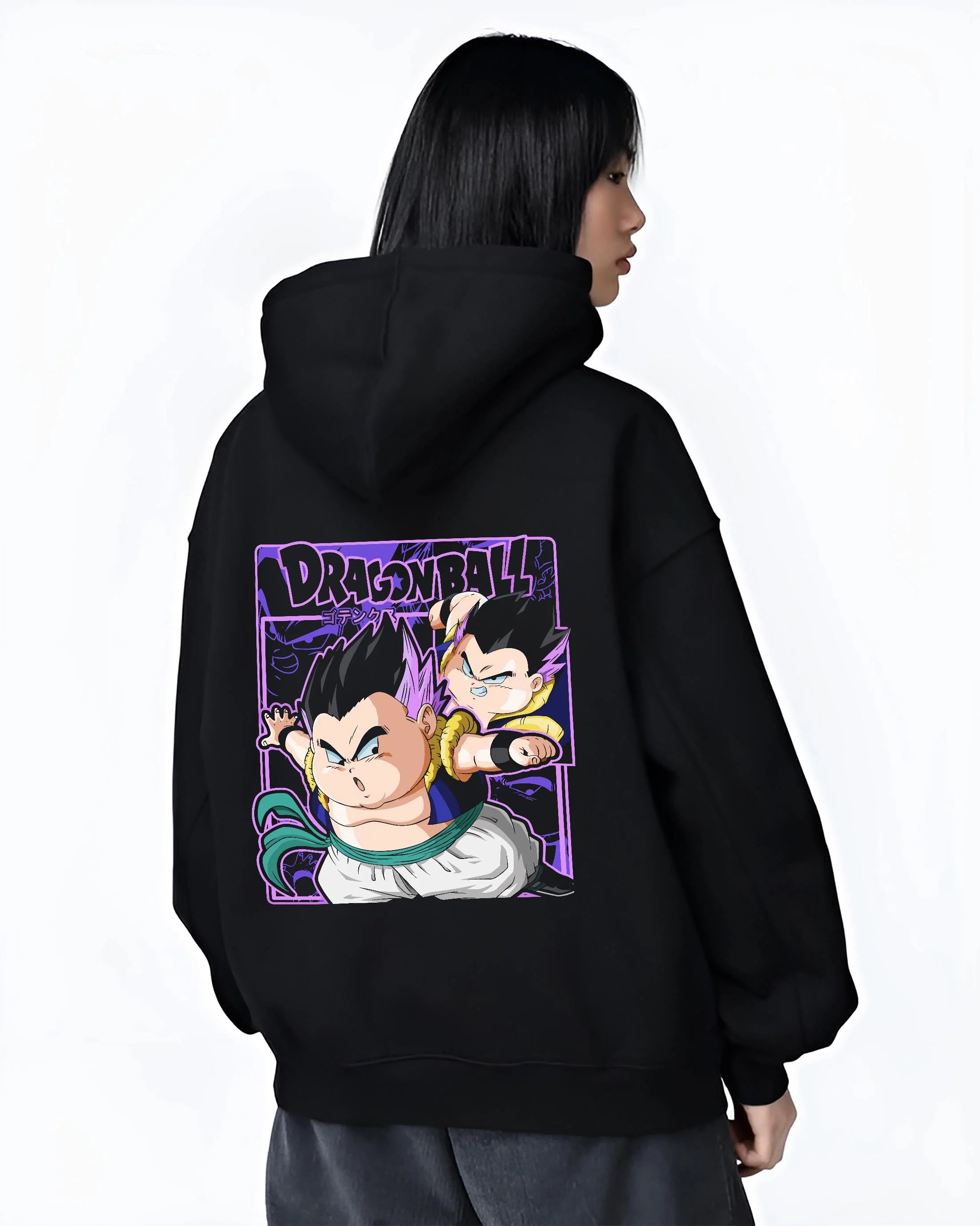 Black hoodie worn by female model, back view with Dragon Ball Z Hoodie Goten Trunks Fusion Dance Jumper graphic premium wear.