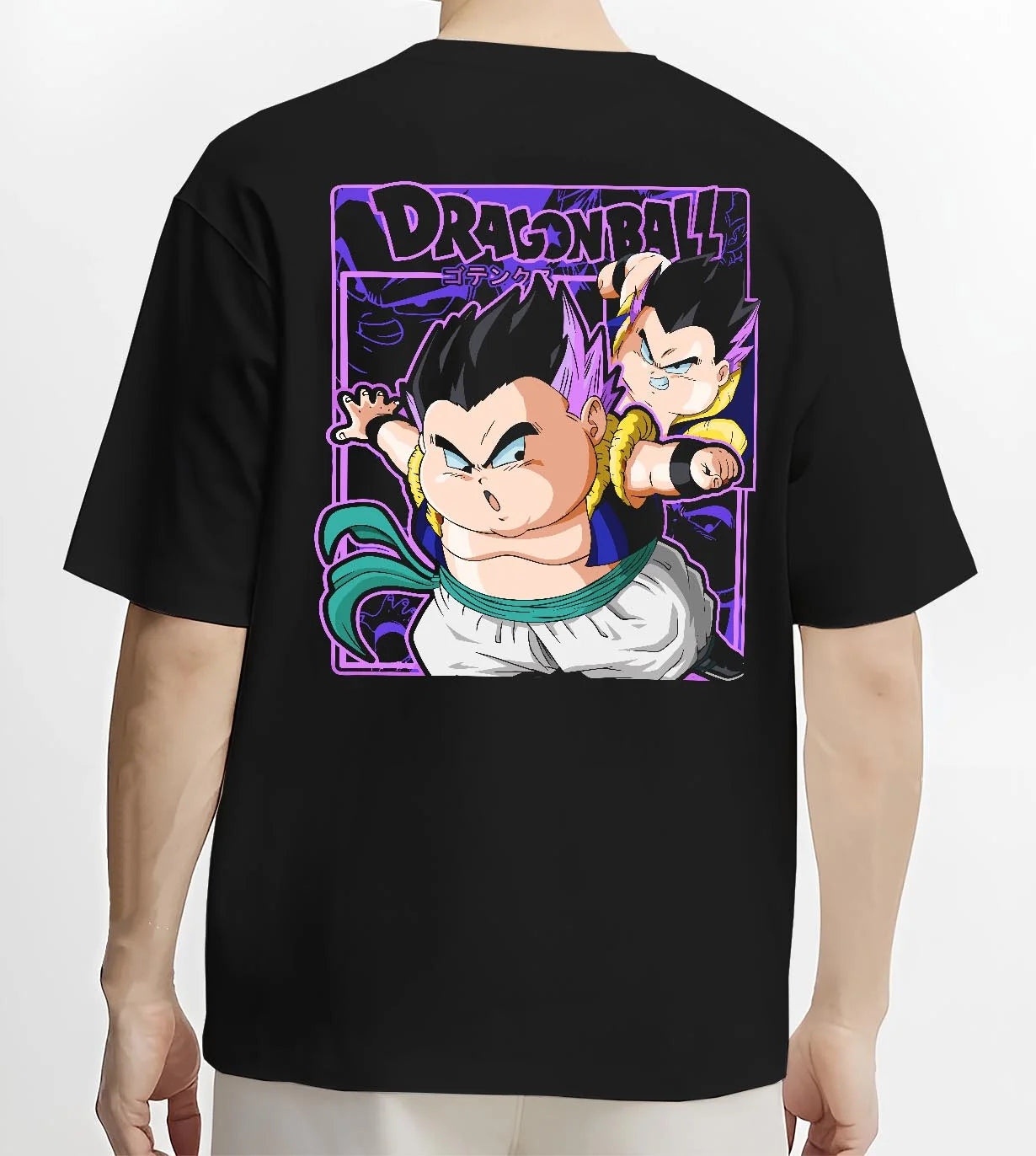 Black T-shirt worn by male model, back view with Dragon Ball Z Hoodie Goten Trunks Fusion Dance Jumper graphic premium wear.