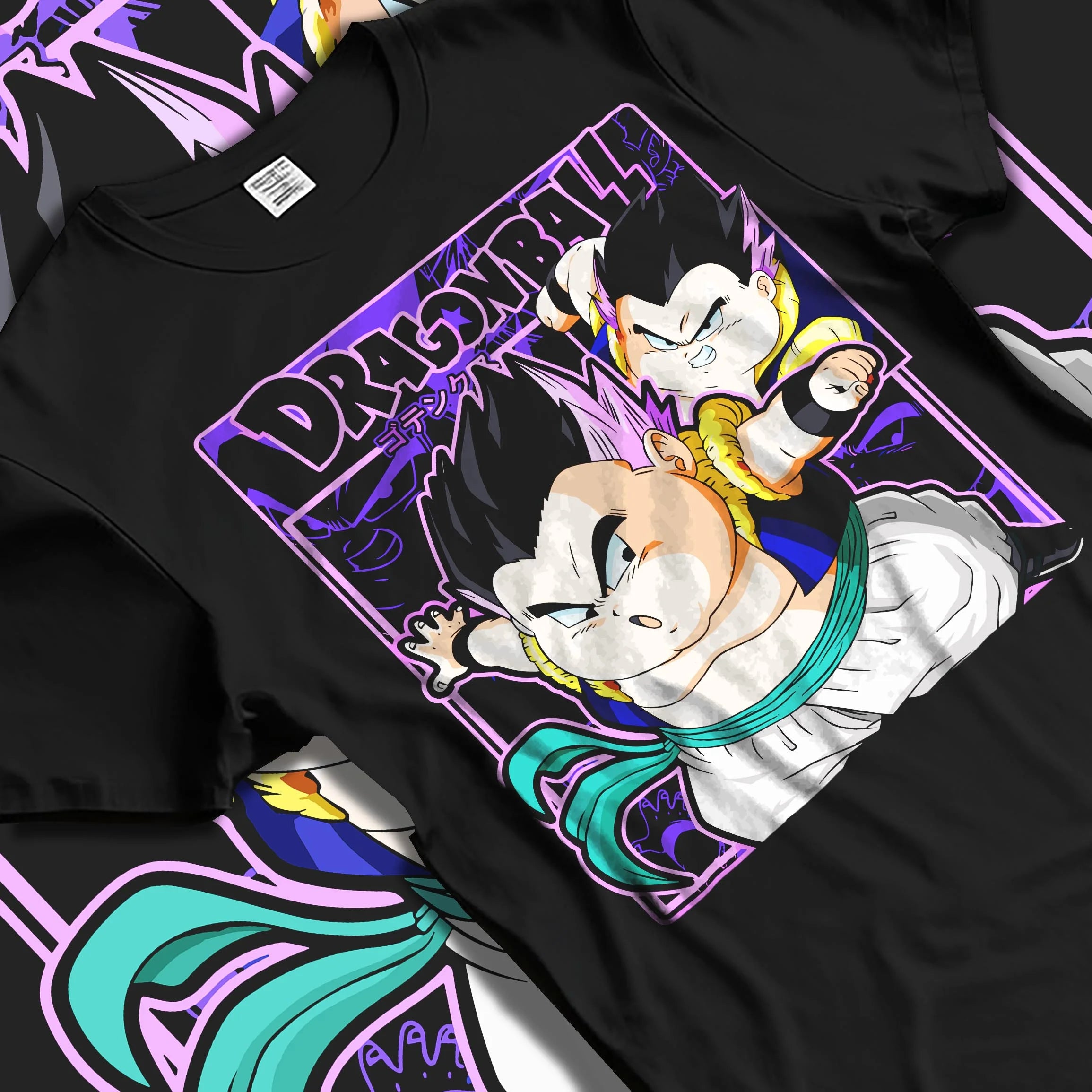 Black T-shirt laid flat with natural folds with Dragon Ball Z Hoodie Goten Trunks Fusion Dance Jumper graphic bold anime graphic.