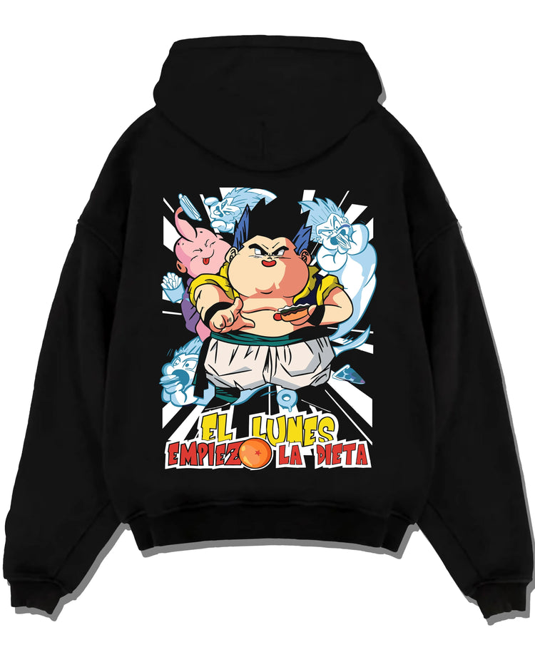 Black pullover hoodie laid flat with Dragon Ball Z Hoodie Gotenks Fusion Power Jumper graphic bold anime graphic.