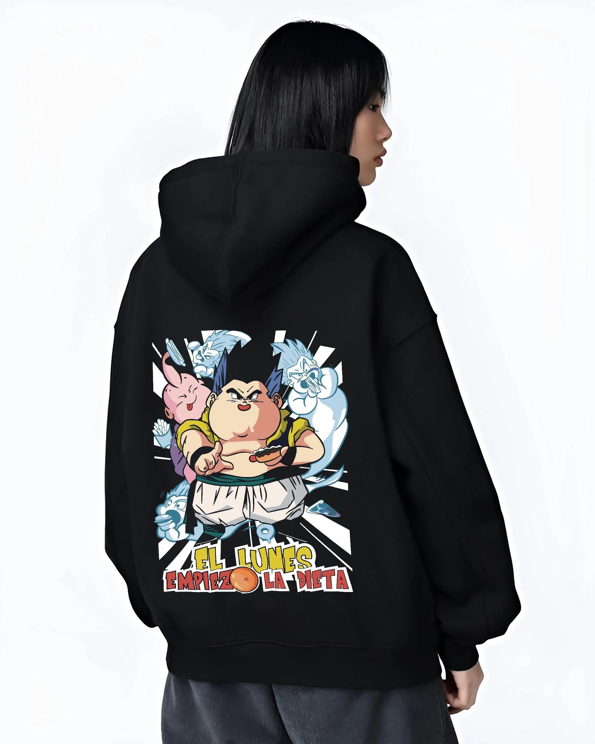 Black hoodie worn by female model, back view with Dragon Ball Z Hoodie Gotenks Fusion Power Jumper graphic streetwear graphic.