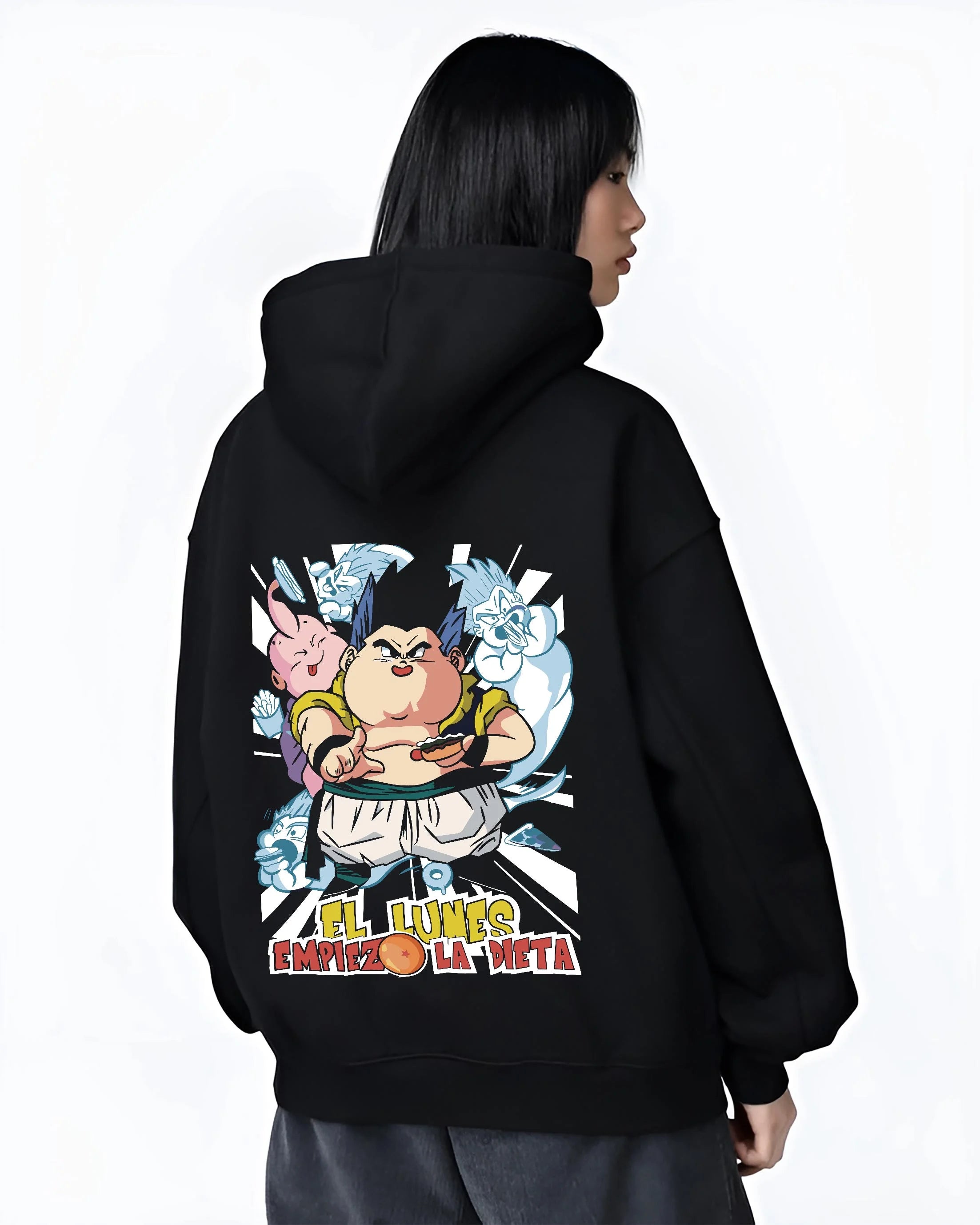 Black hoodie worn by female model, back view with Dragon Ball Z Hoodie Gotenks Fusion Power Jumper graphic streetwear graphic.