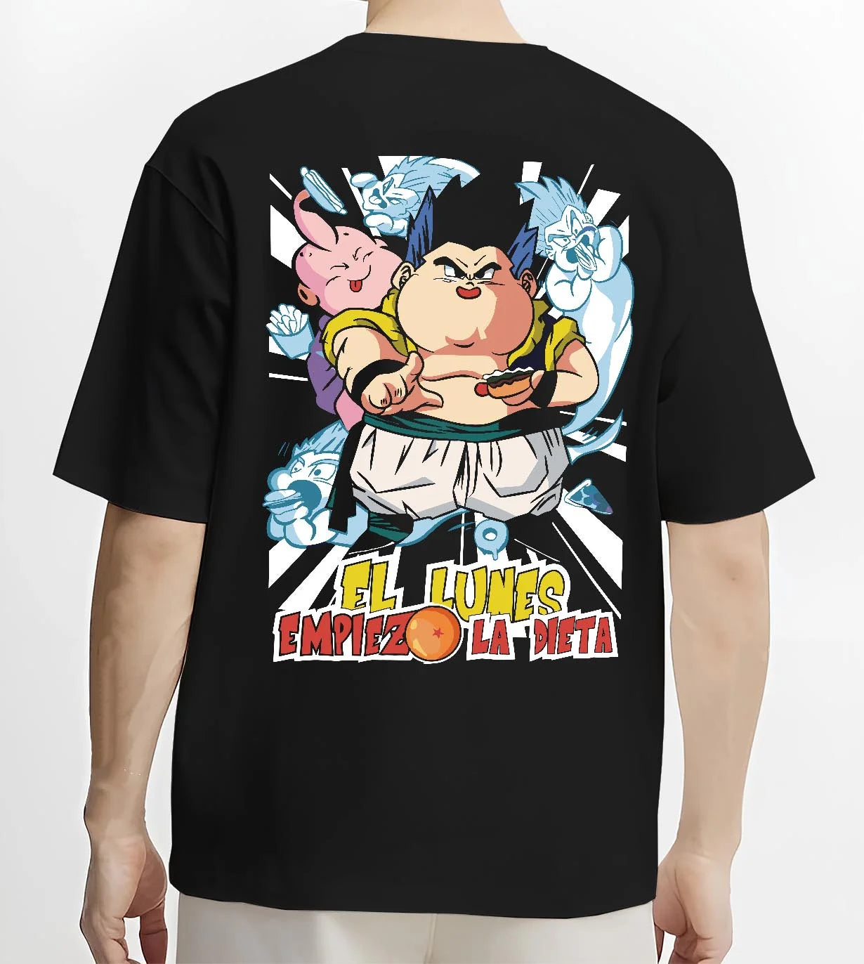 Black T-shirt worn by male model, back view with Dragon Ball Z Hoodie Gotenks Fusion Power Jumper graphic premium wear.