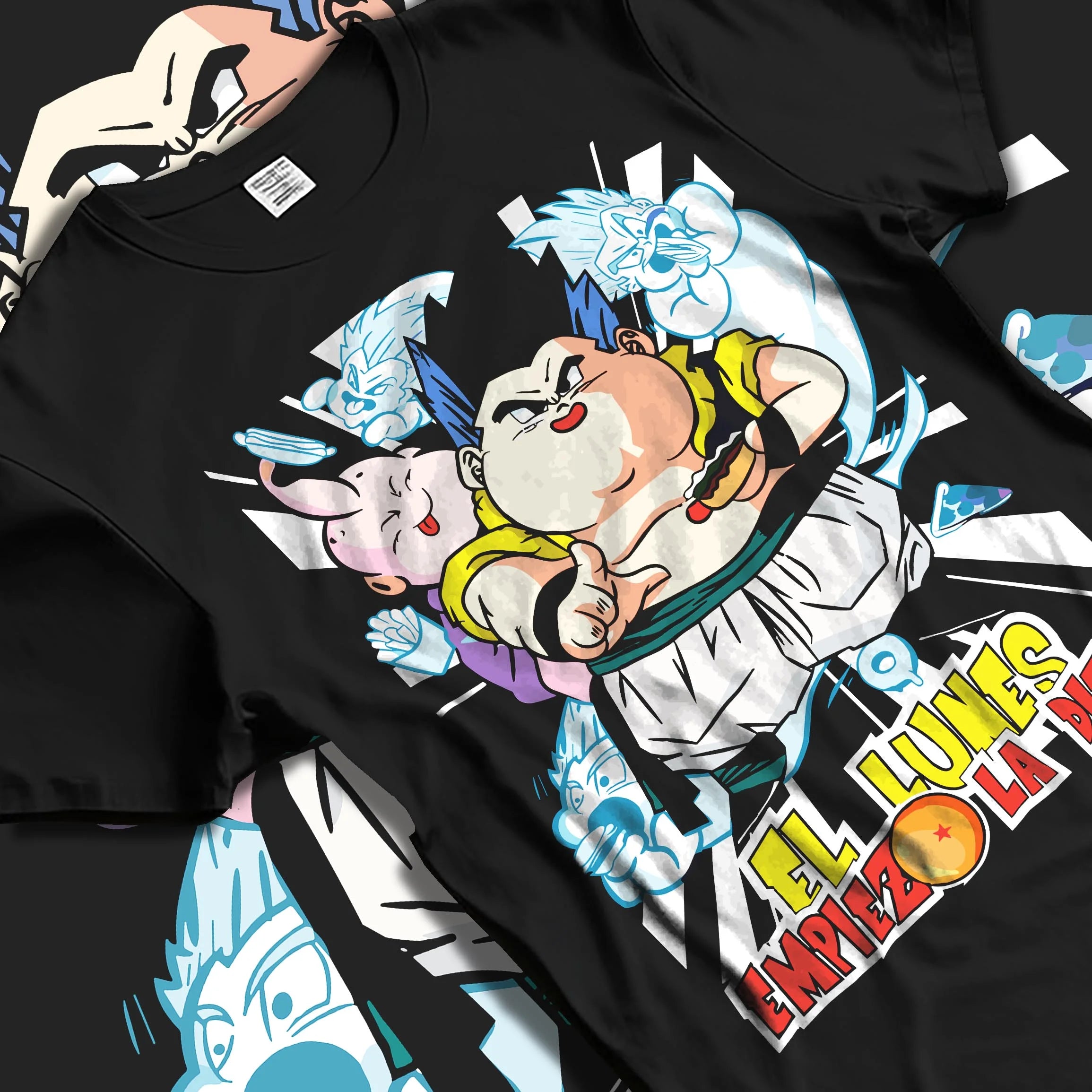 Black T-shirt laid flat with natural folds with Dragon Ball Z Hoodie Gotenks Fusion Power Jumper graphic streetwear graphic.