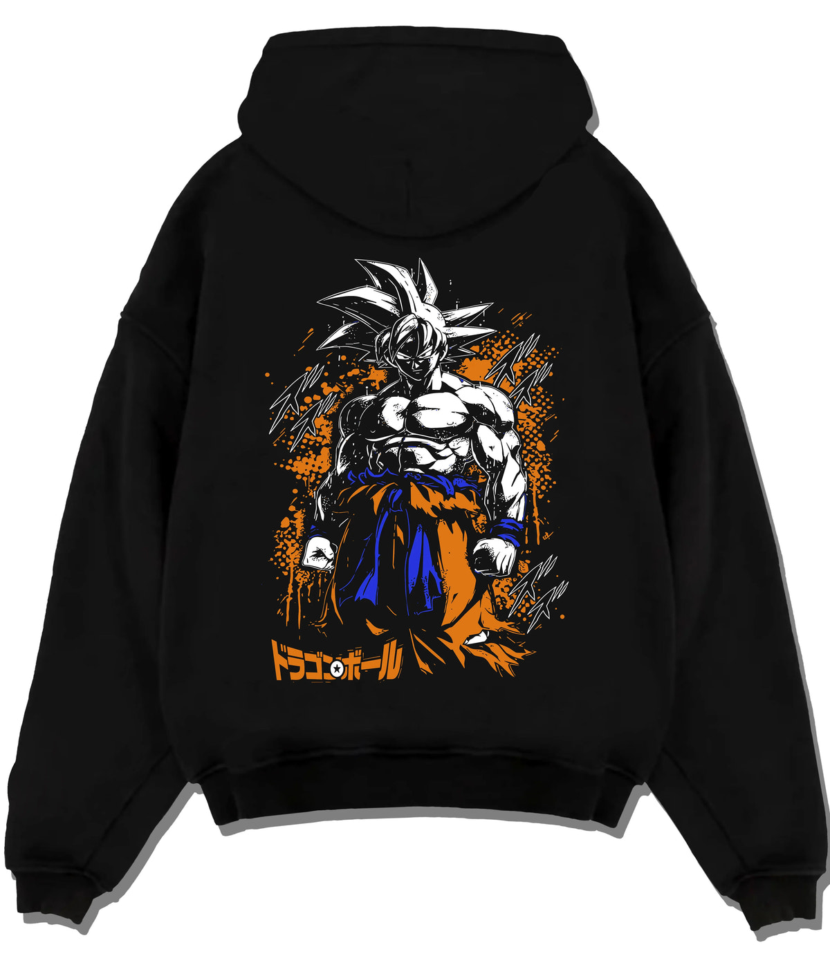 Black hoodie flat back view showing Goku from Dragon Ball: dark Ultra Instinct-style power-up ( form)