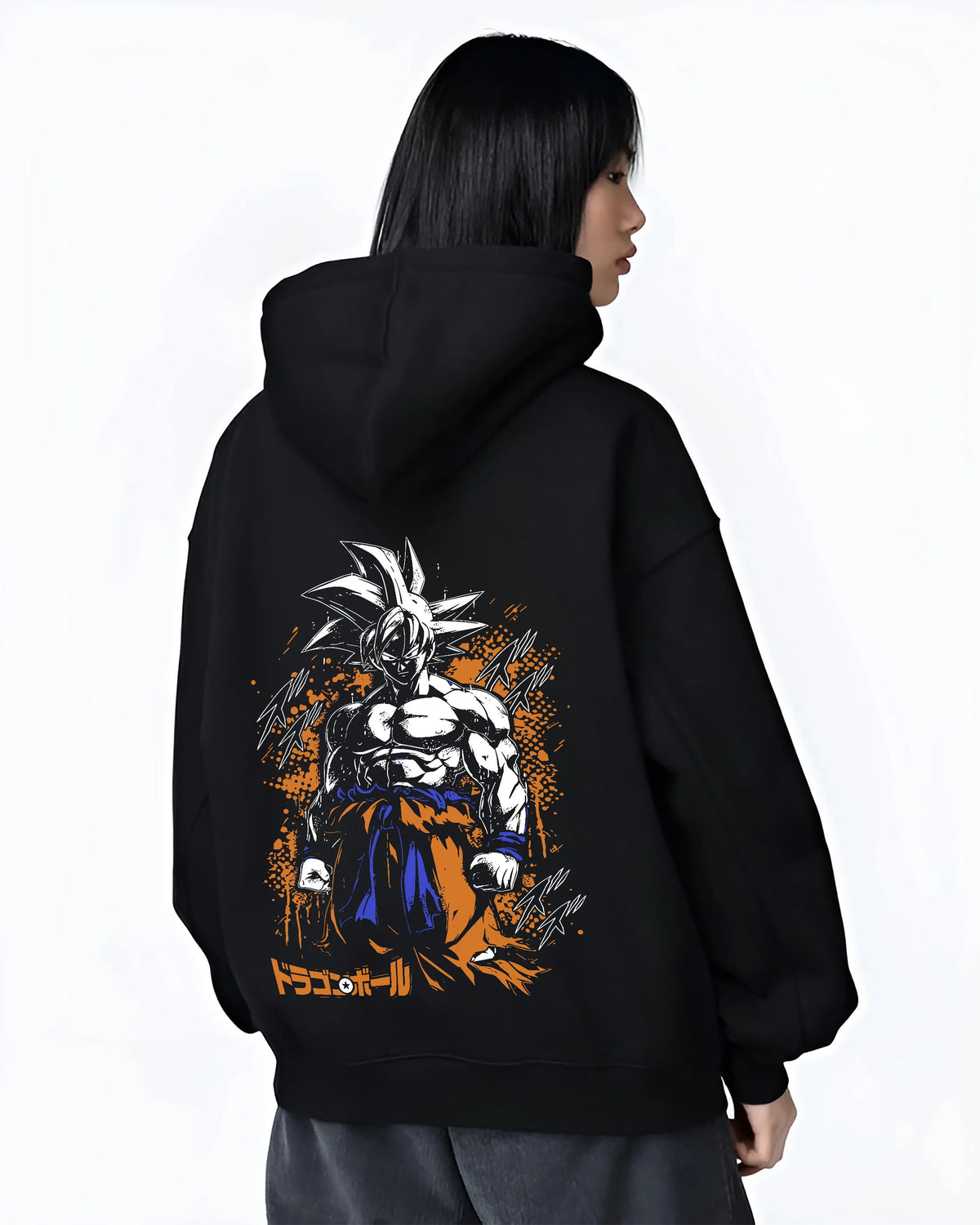 Black hoodie female model back view showing Goku from Dragon Ball: dark Ultra Instinct-style power-up ( form)