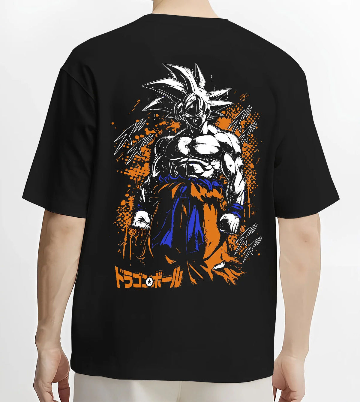 Black T-shirt model back view showing Goku from Dragon Ball: dark Ultra Instinct-style power-up ( form)