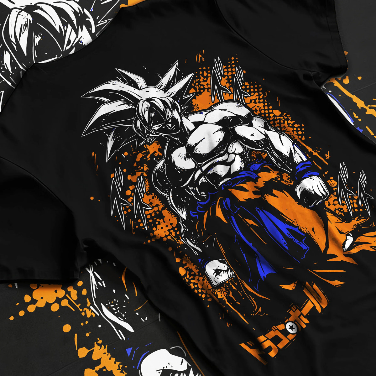Black T-shirt flat back view showing Goku from Dragon Ball: dark Ultra Instinct-style power-up ( form)