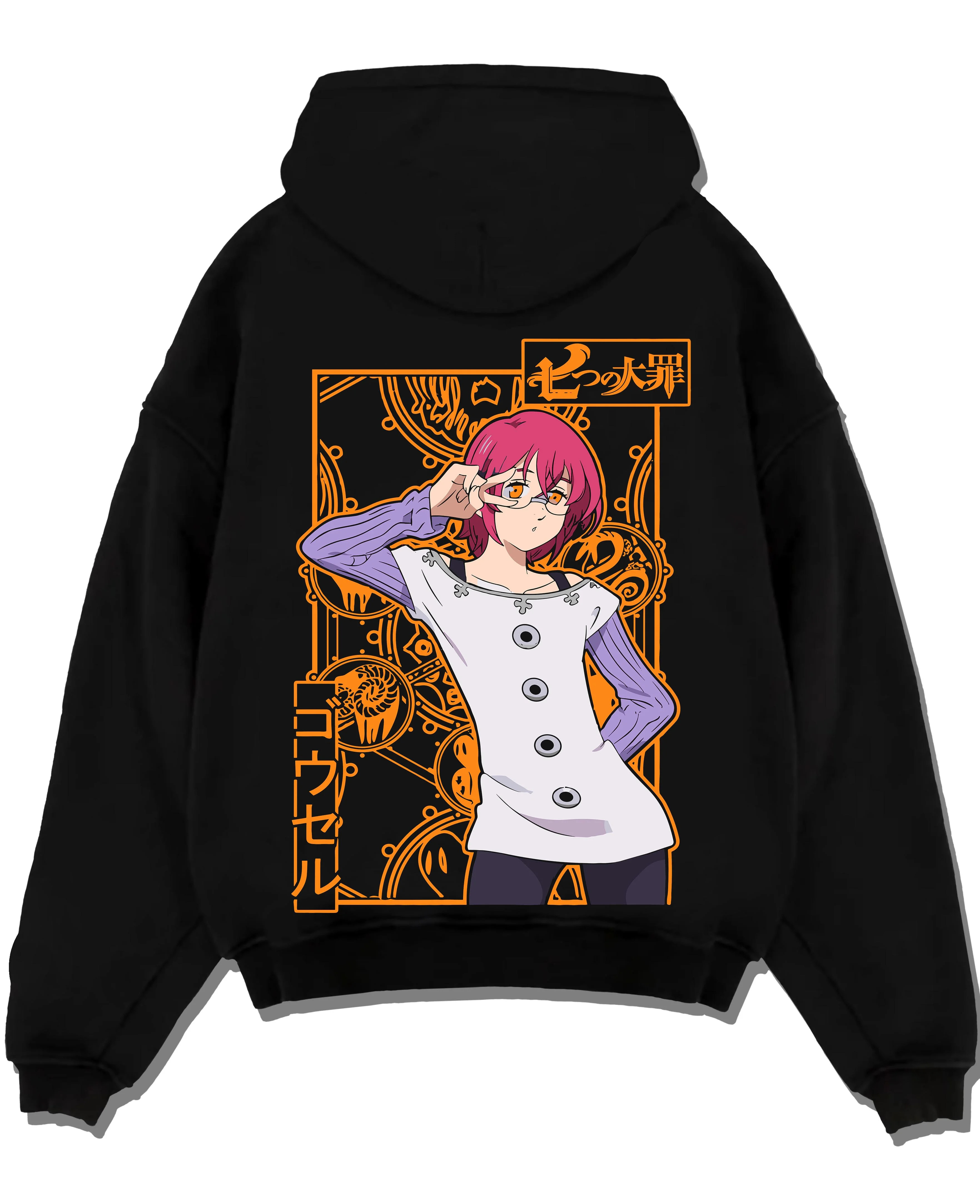 Black pullover hoodie laid flat with Seven Deadly Sins Hoodie Gowther Sin of Lust Jumper graphic streetwear graphic.