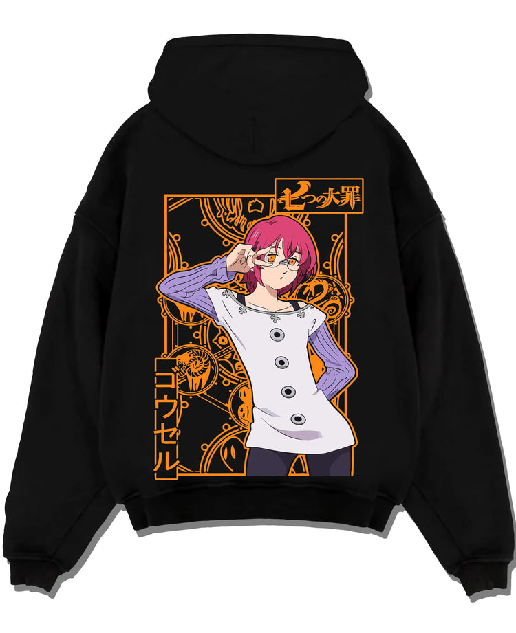 Black pullover hoodie laid flat with Seven Deadly Sins Hoodie Gowther Sin of Lust Jumper graphic streetwear graphic.