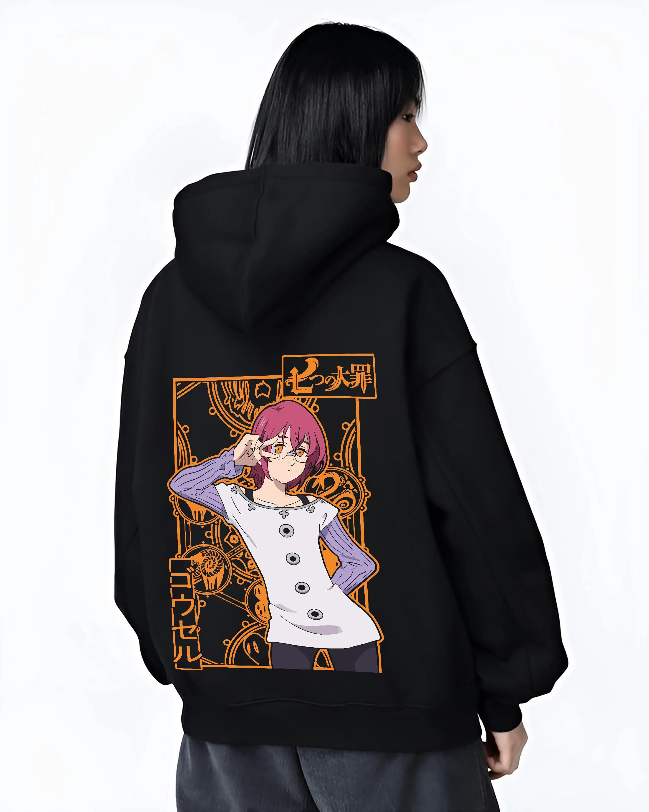 Black hoodie worn by female model, back view with Seven Deadly Sins Hoodie Gowther Sin of Lust Jumper graphic streetwear graphic.