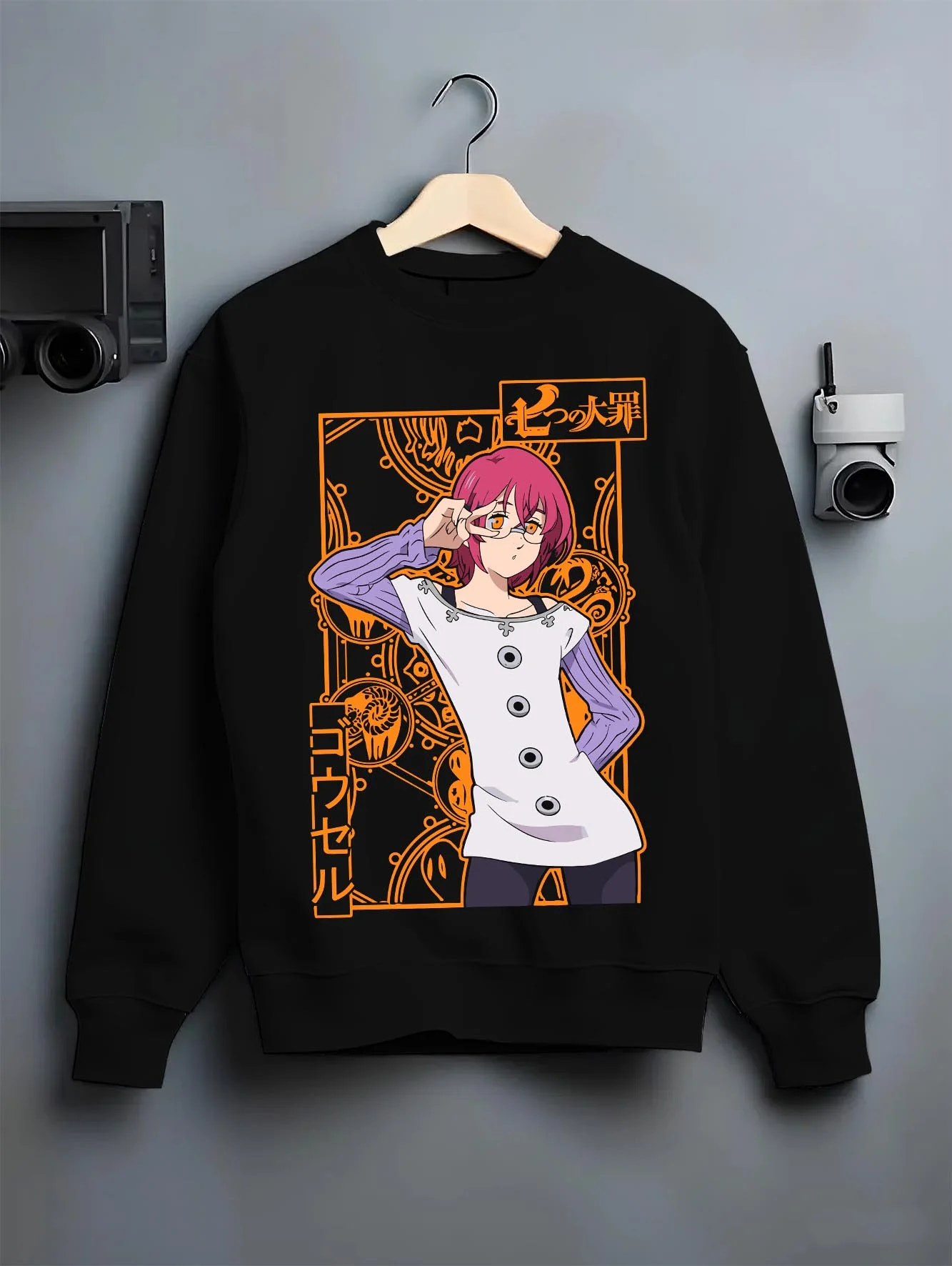 Black crewneck sweatshirt on hanger with Seven Deadly Sins Hoodie Gowther Sin of Lust Jumper graphic streetwear graphic.
