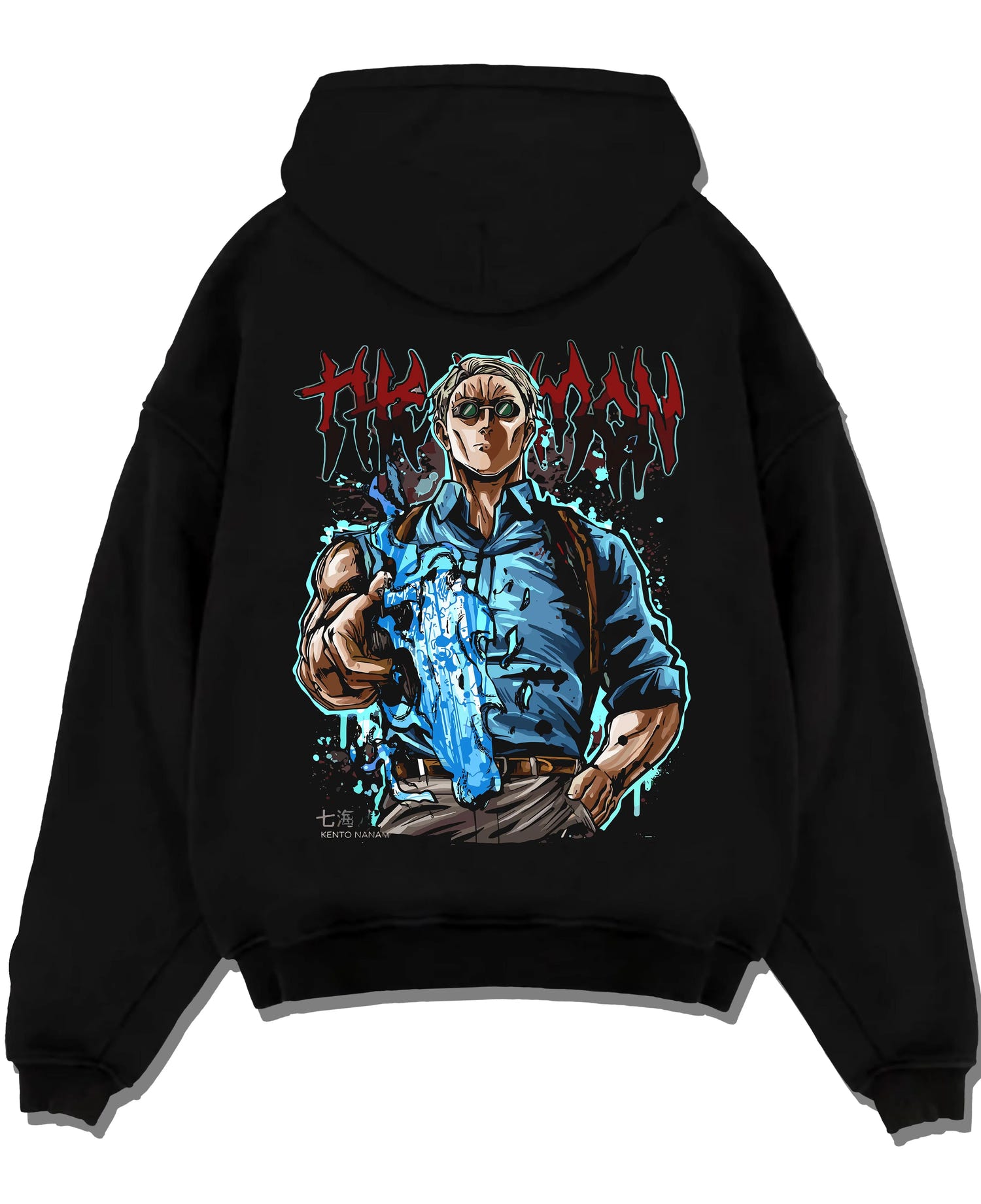 Black pullover hoodie laid flat, featuring Nanami Kento with retro manga graphic of his sorcerer blade stance from Jujutsu Kaisen.