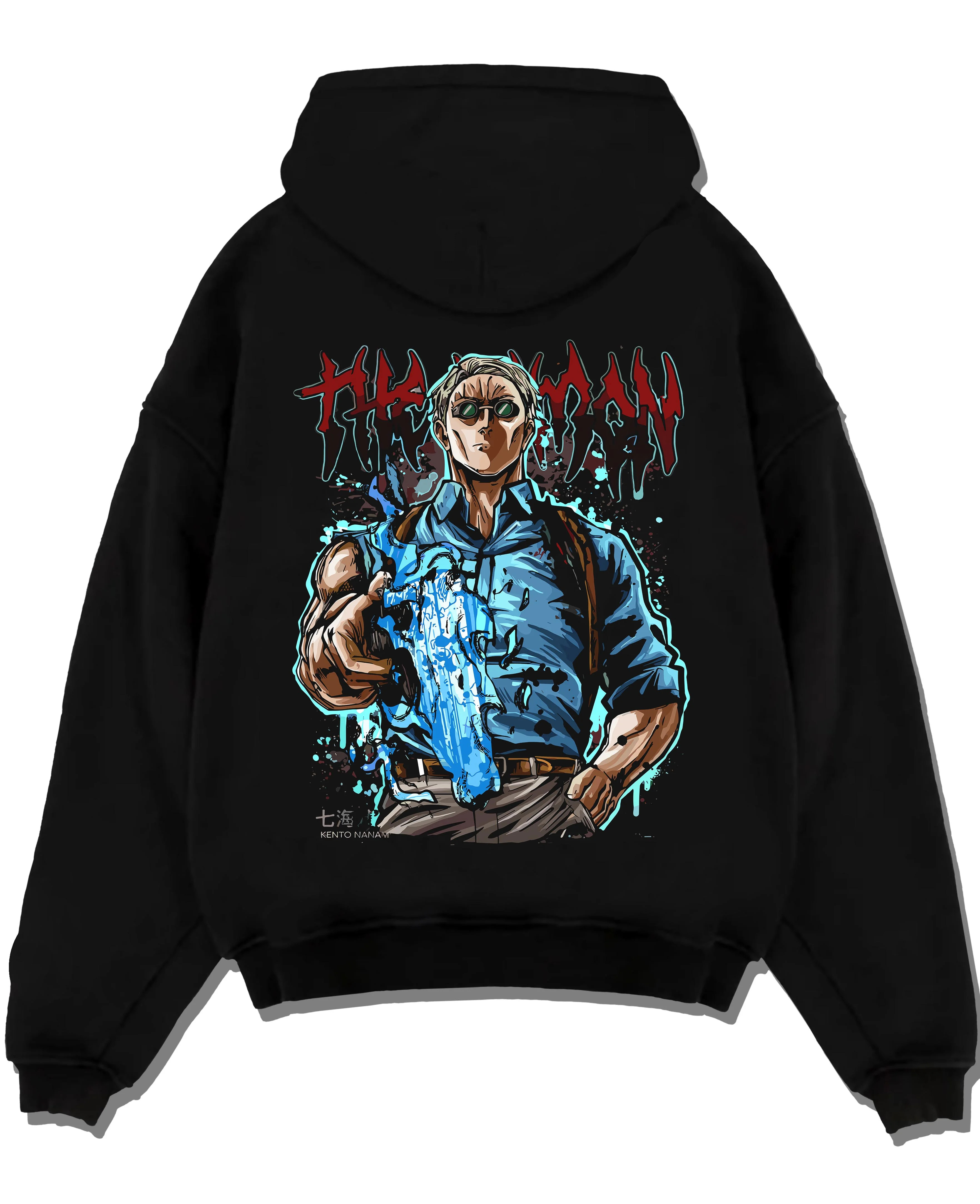 Black pullover hoodie laid flat, featuring Nanami Kento with retro manga graphic of his sorcerer blade stance from Jujutsu Kaisen.