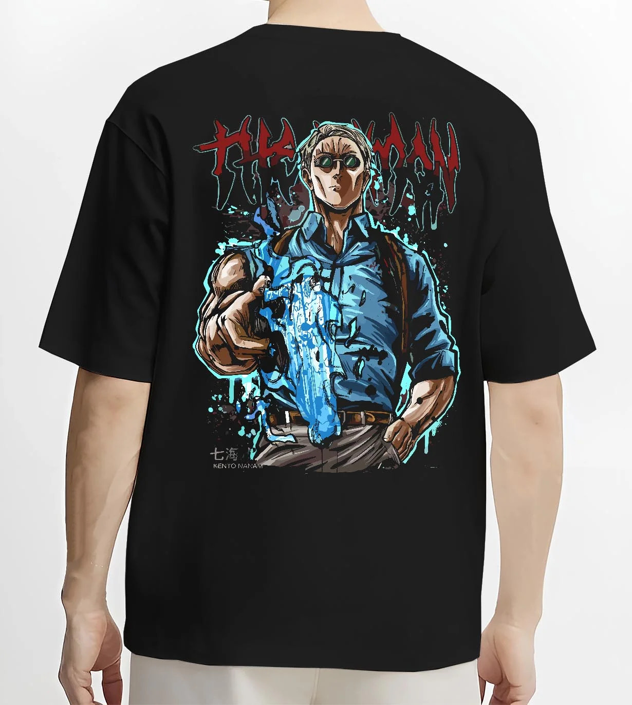 Black T-shirt worn by male model, back view, showing Japanese animation streetwear graphic of Nanami’s iconic sorcerer style.