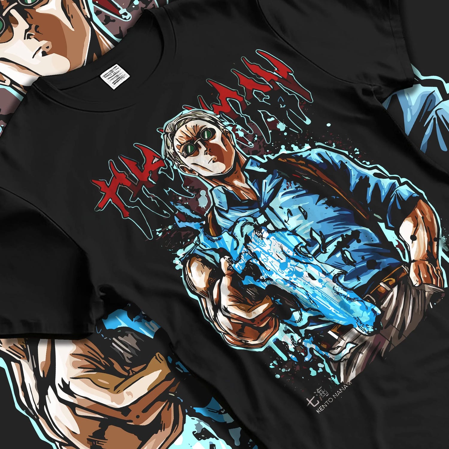 Black T-shirt laid flat with natural folds, featuring anime poster inspired Nanami Kento design with cursed blade detail.