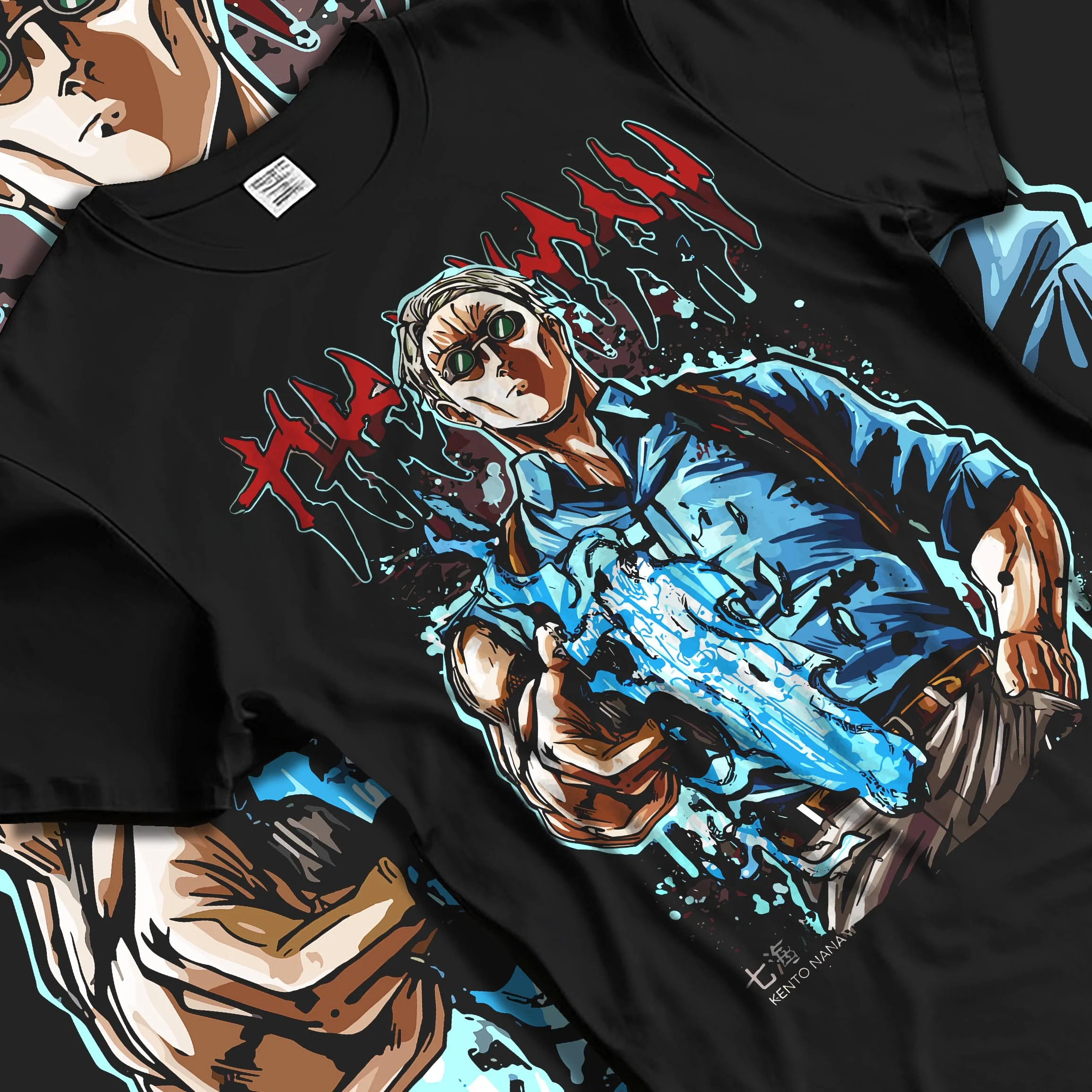 Black T-shirt laid flat with natural folds, featuring anime poster inspired Nanami Kento design with cursed blade detail.