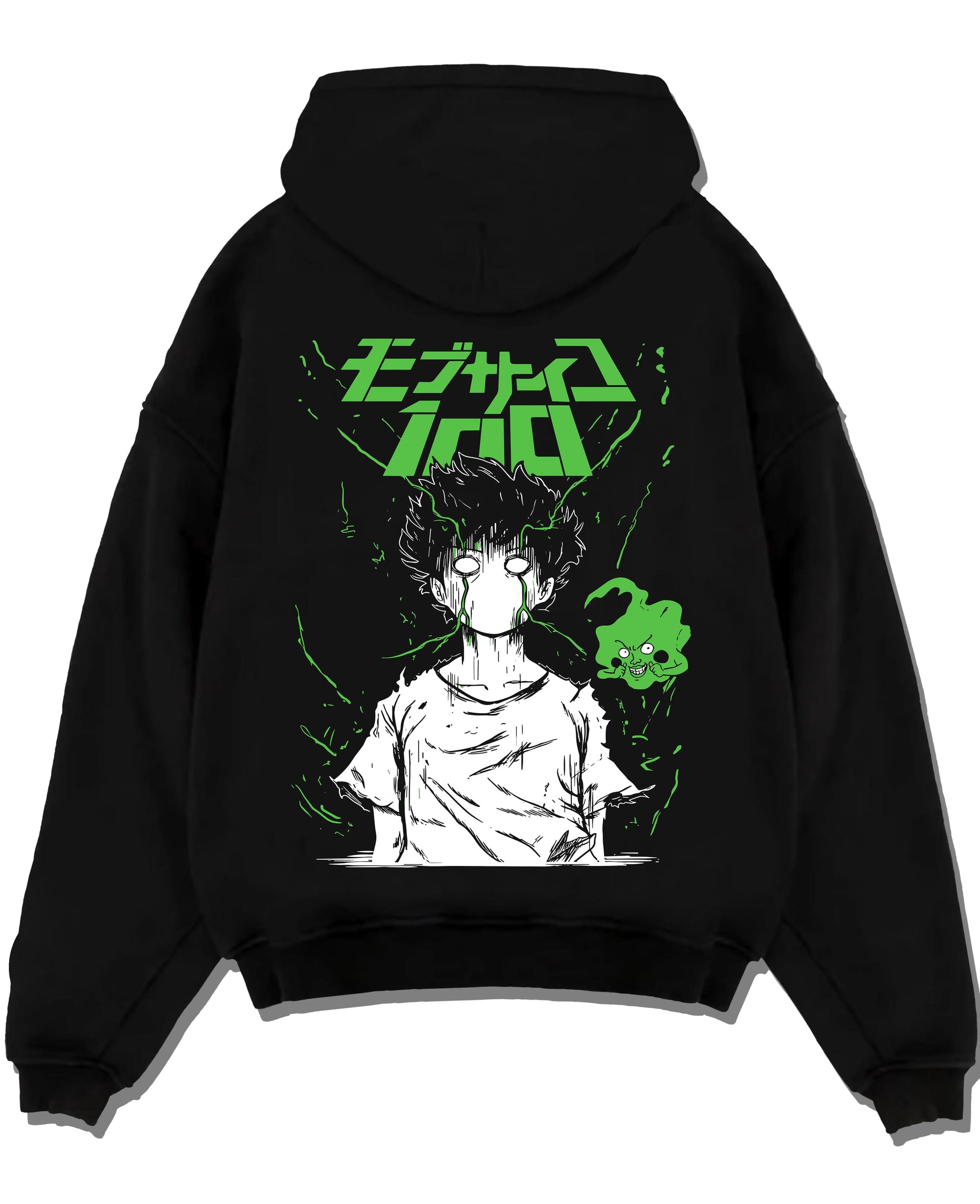 Black pullover hoodie laid flat with Mob Psycho 100 Hoodie Green Esper Spirit Jumper graphic premium wear.