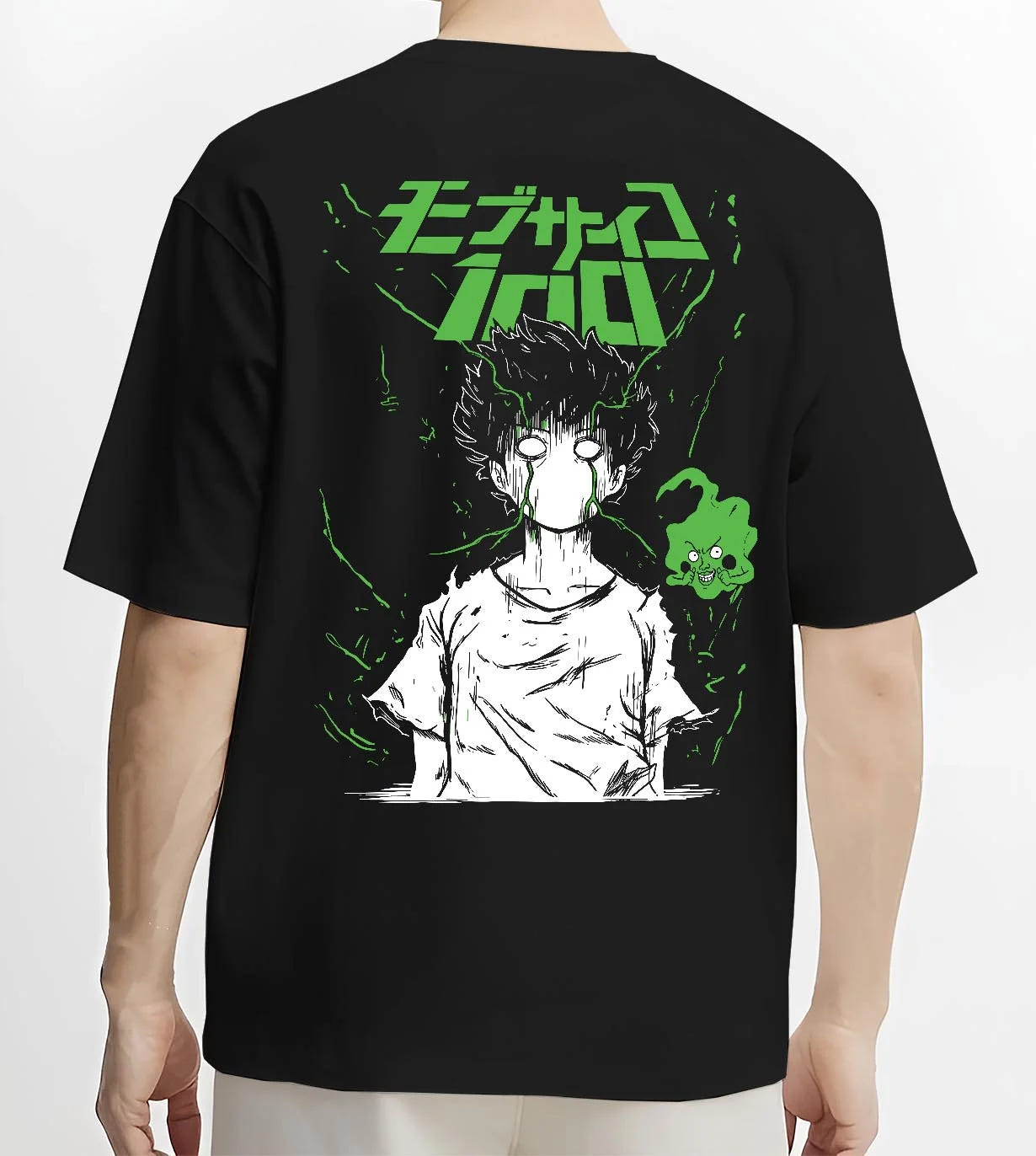 Black T-shirt worn by male model, back view with Mob Psycho 100 Hoodie Green Esper Spirit Jumper graphic streetwear graphic.