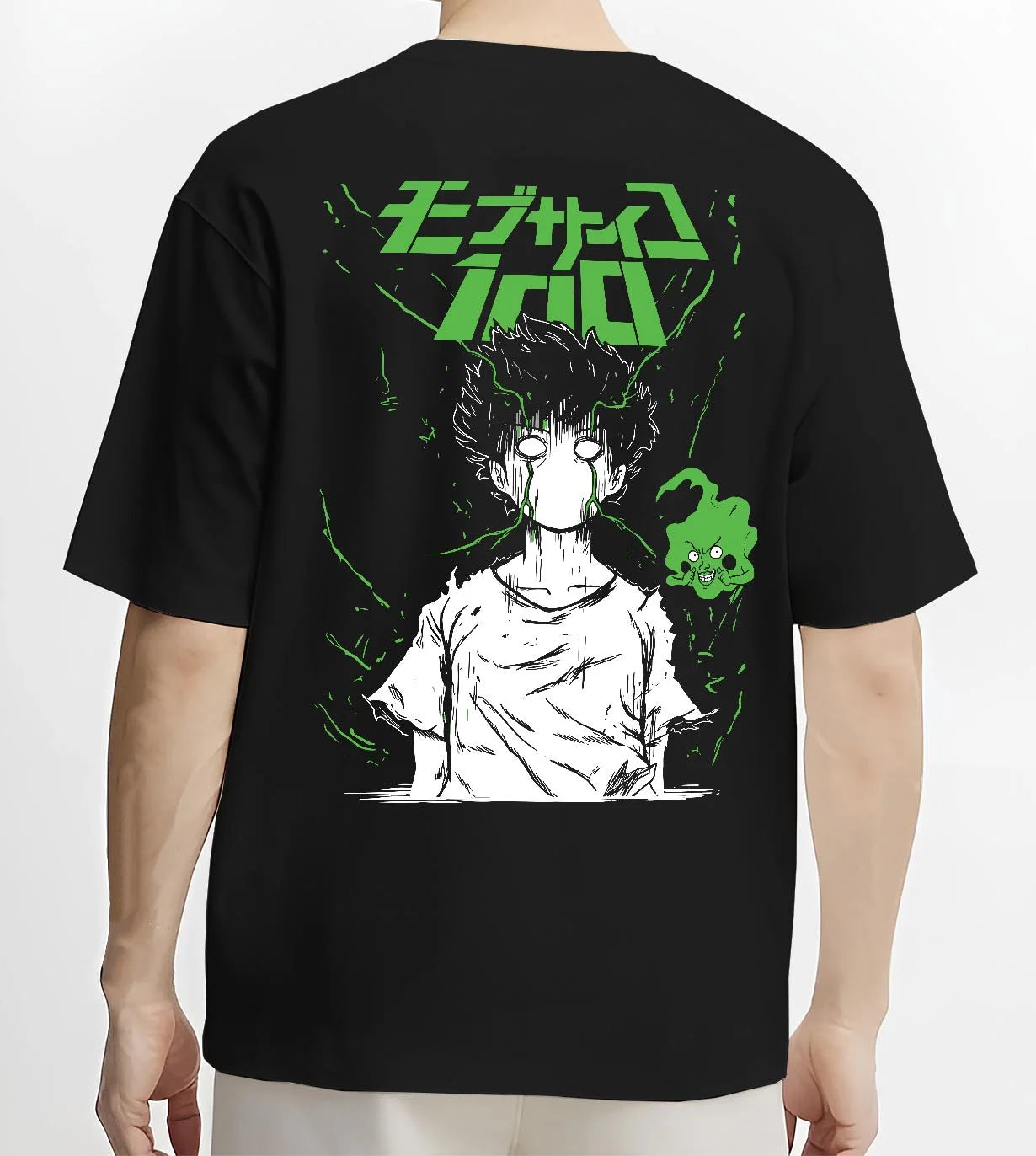 Black T-shirt worn by male model, back view with Mob Psycho 100 Hoodie Green Esper Spirit Jumper graphic streetwear graphic.