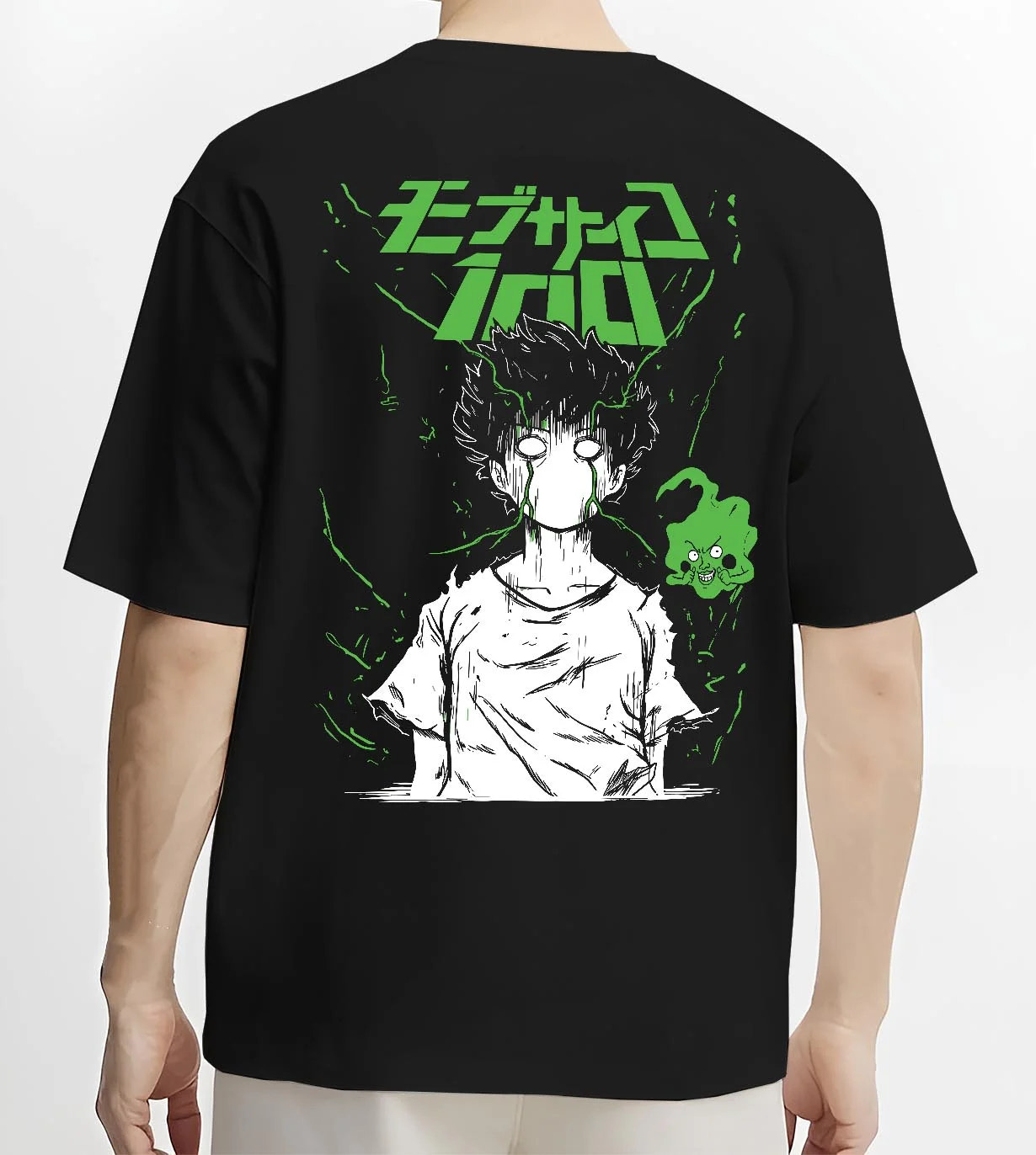 Black T-shirt worn by male model, back view with Mob Psycho 100 Hoodie Green Esper Spirit Jumper graphic streetwear graphic.
