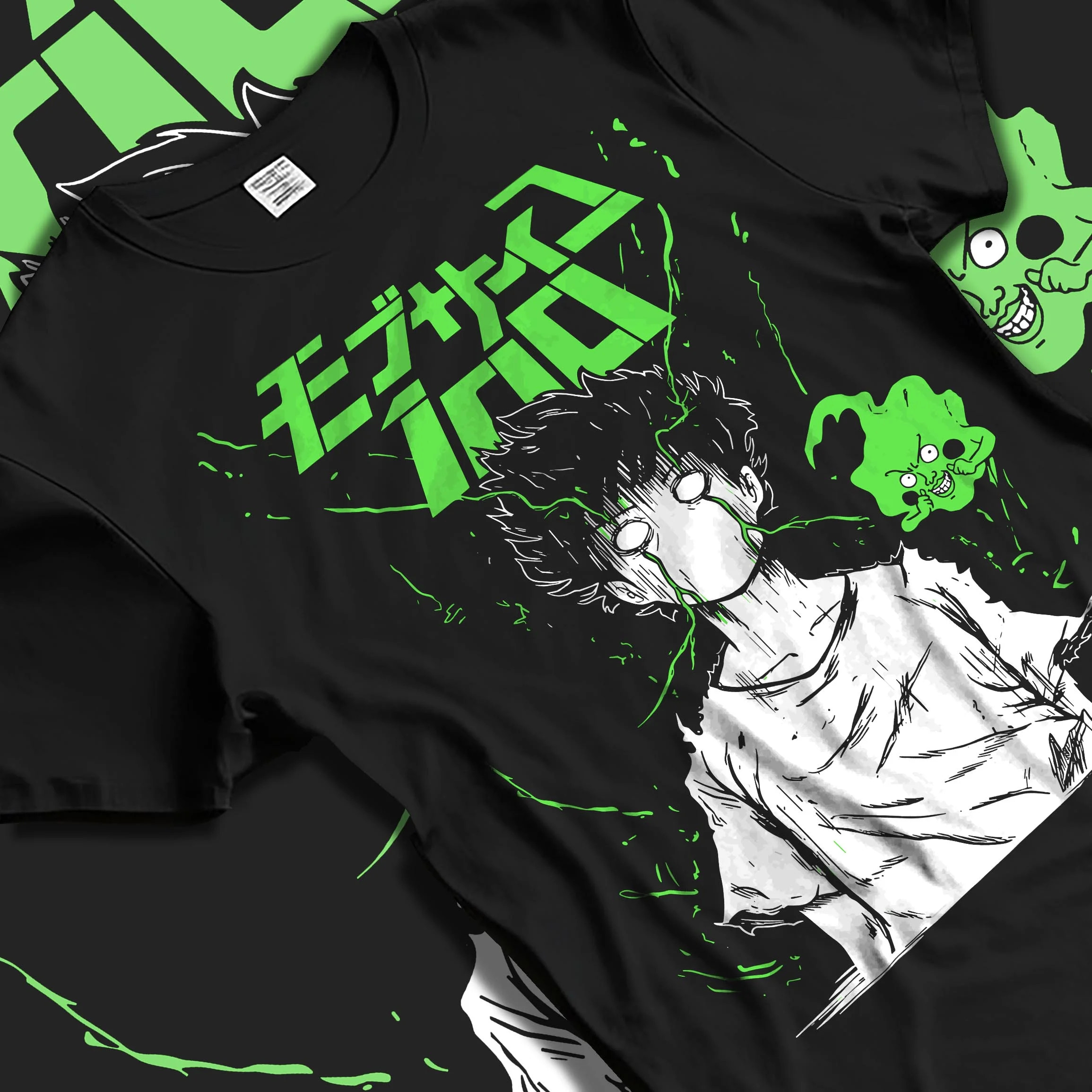 Black T-shirt laid flat with natural folds with Mob Psycho 100 Hoodie Green Esper Spirit Jumper graphic streetwear graphic.