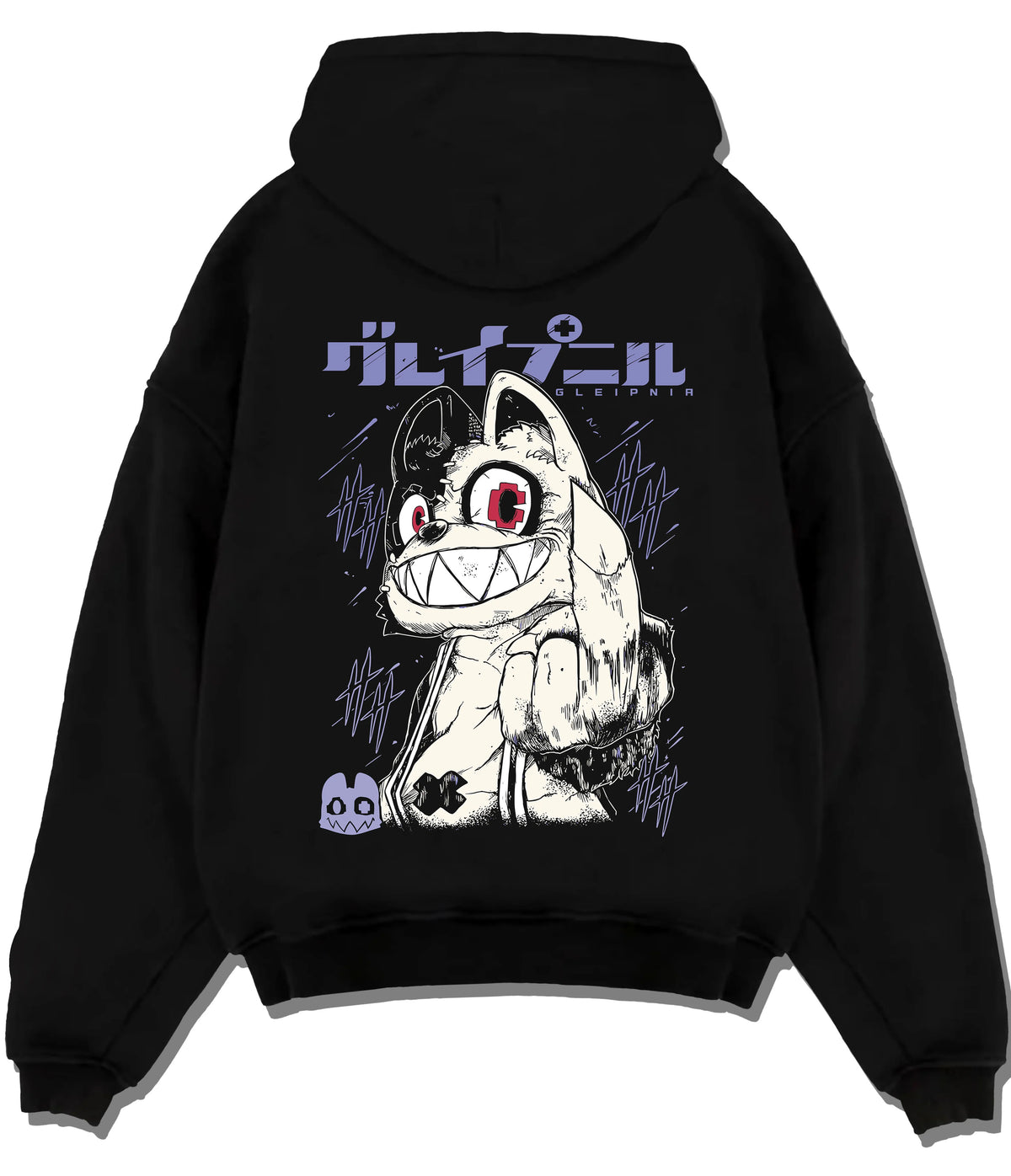 Black hoodie flat back view showing Gremlin / Stripe-like creature from Gremlins: Gremlins movie character