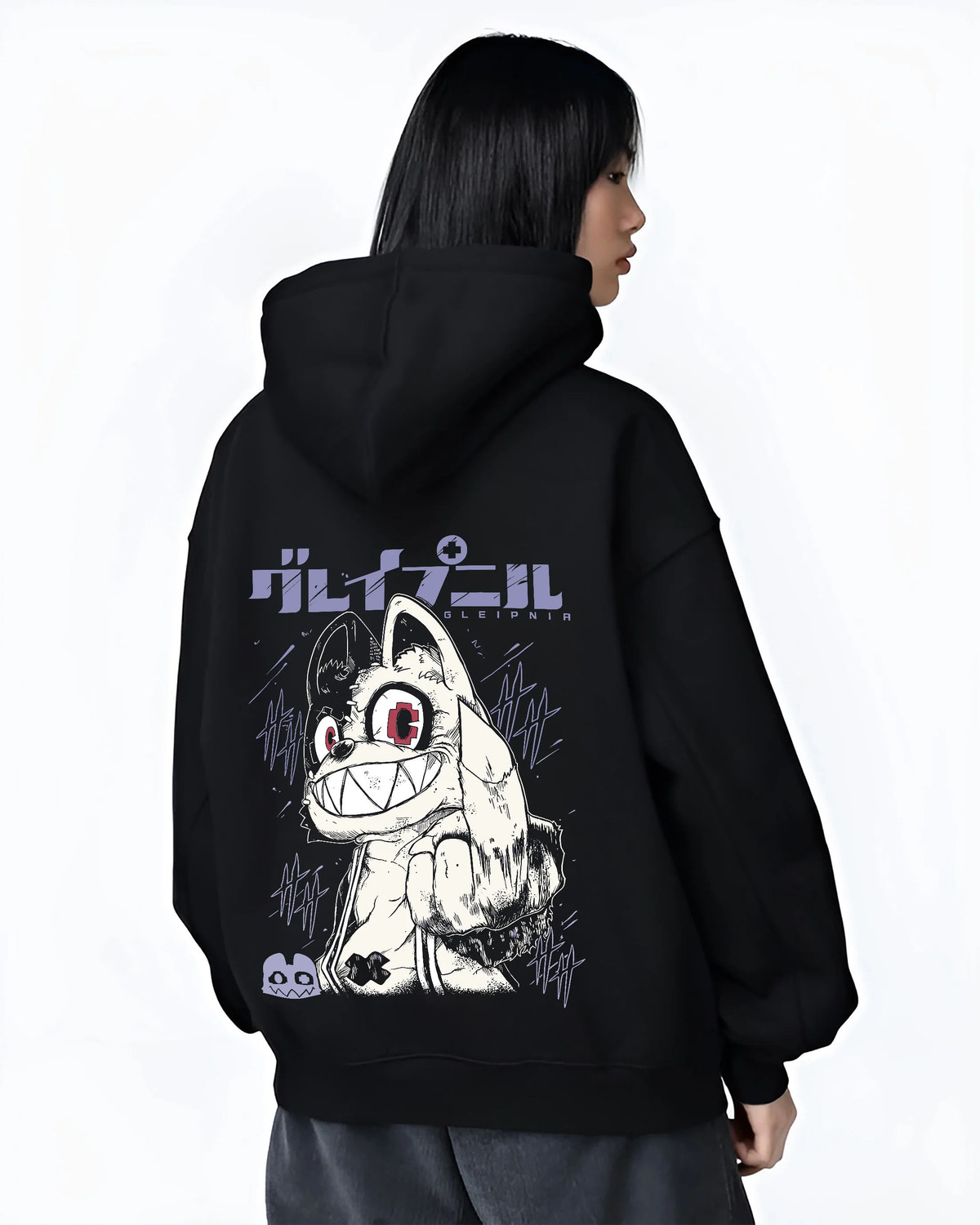 Black hoodie female model back view showing Gremlin / Stripe-like creature from Gremlins: Gremlins movie character