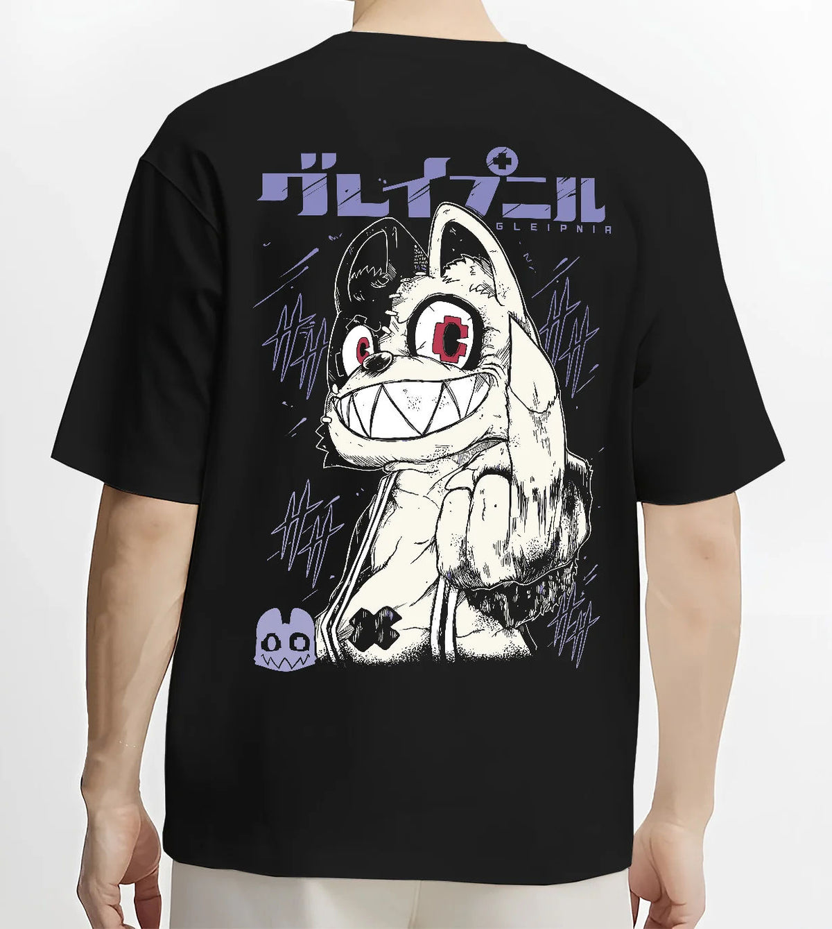 Black T-shirt model back view showing Gremlin / Stripe-like creature from Gremlins: Gremlins movie character