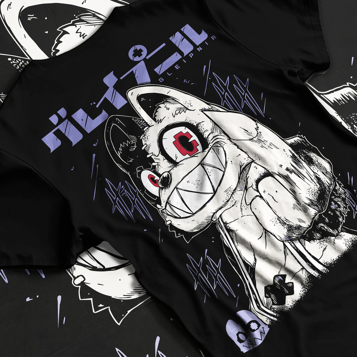 Black T-shirt flat back view showing Gremlin / Stripe-like creature from Gremlins: Gremlins movie character
