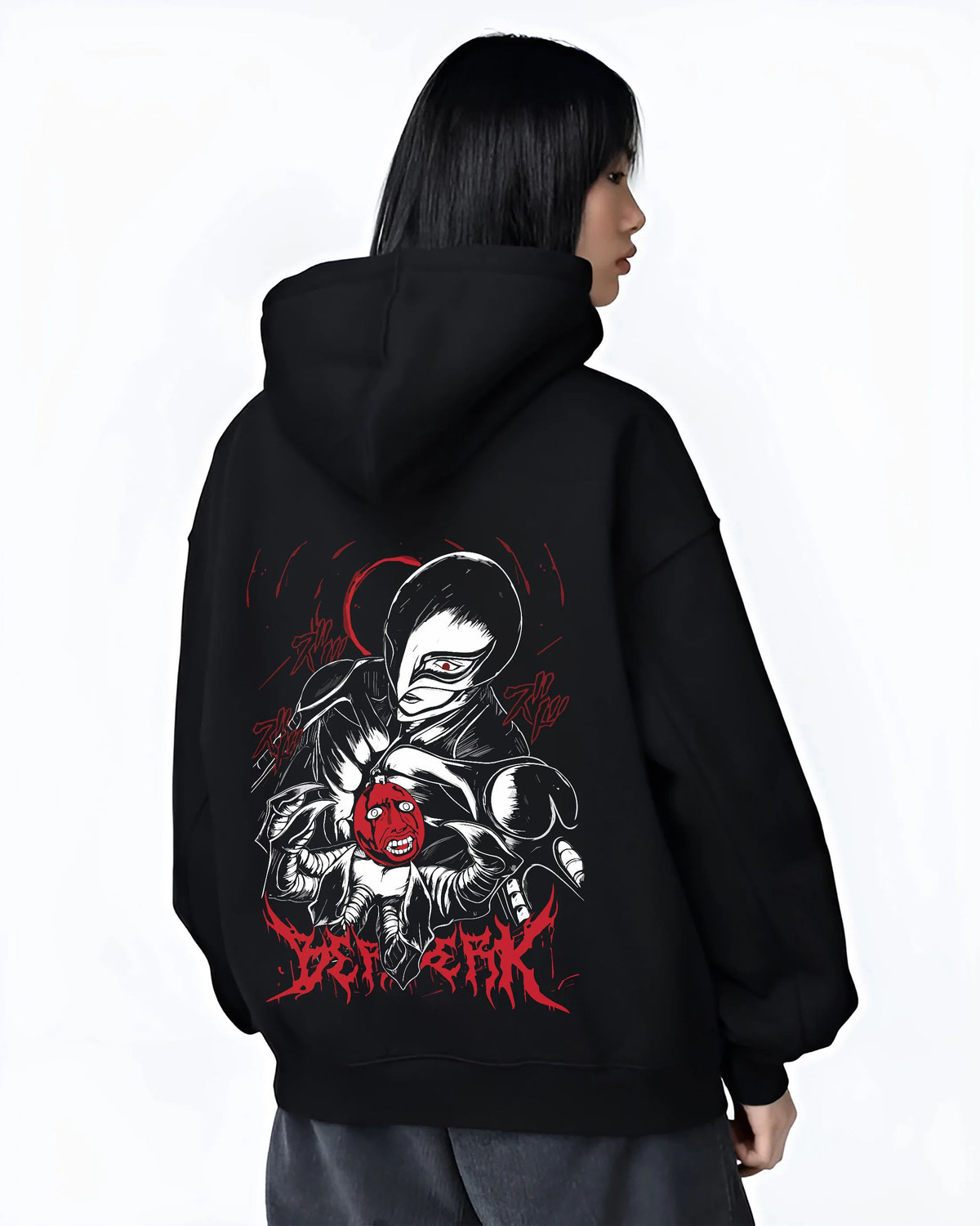 Black hoodie female model back view showing Griffith / Femto from Berserk: dark figure ()