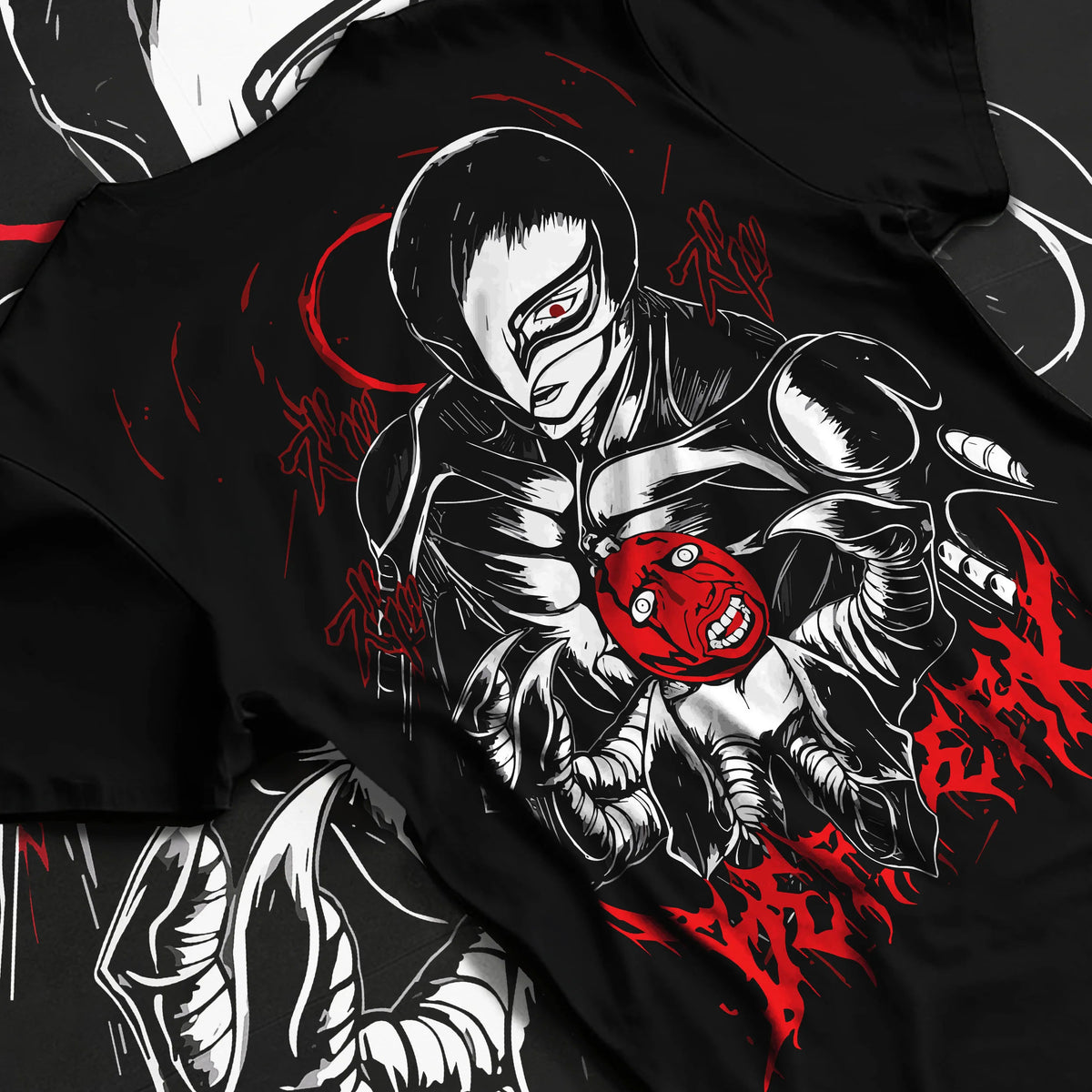 Black T-shirt flat back view showing Griffith / Femto from Berserk: dark figure ()