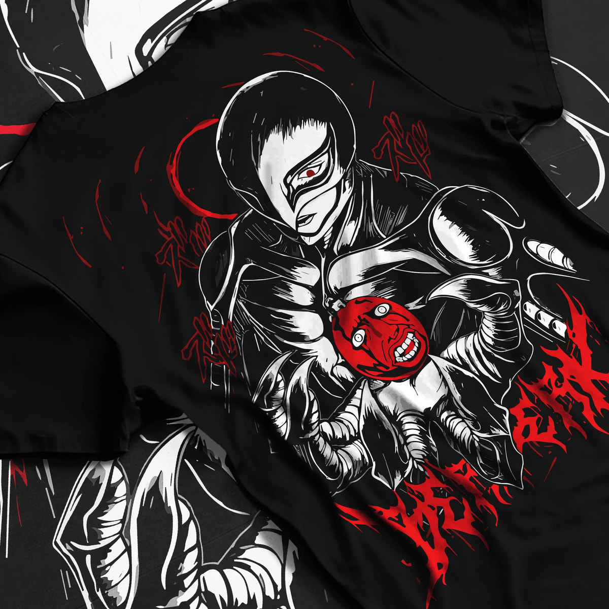 Black T-shirt flat back view showing Griffith / Femto from Berserk: dark figure ()