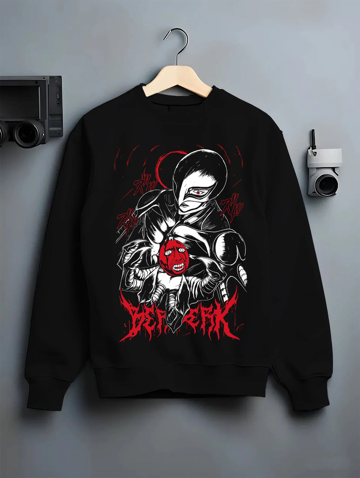 Black crewneck sweatshirt on hanger showing Griffith / Femto from Berserk: dark figure ()
