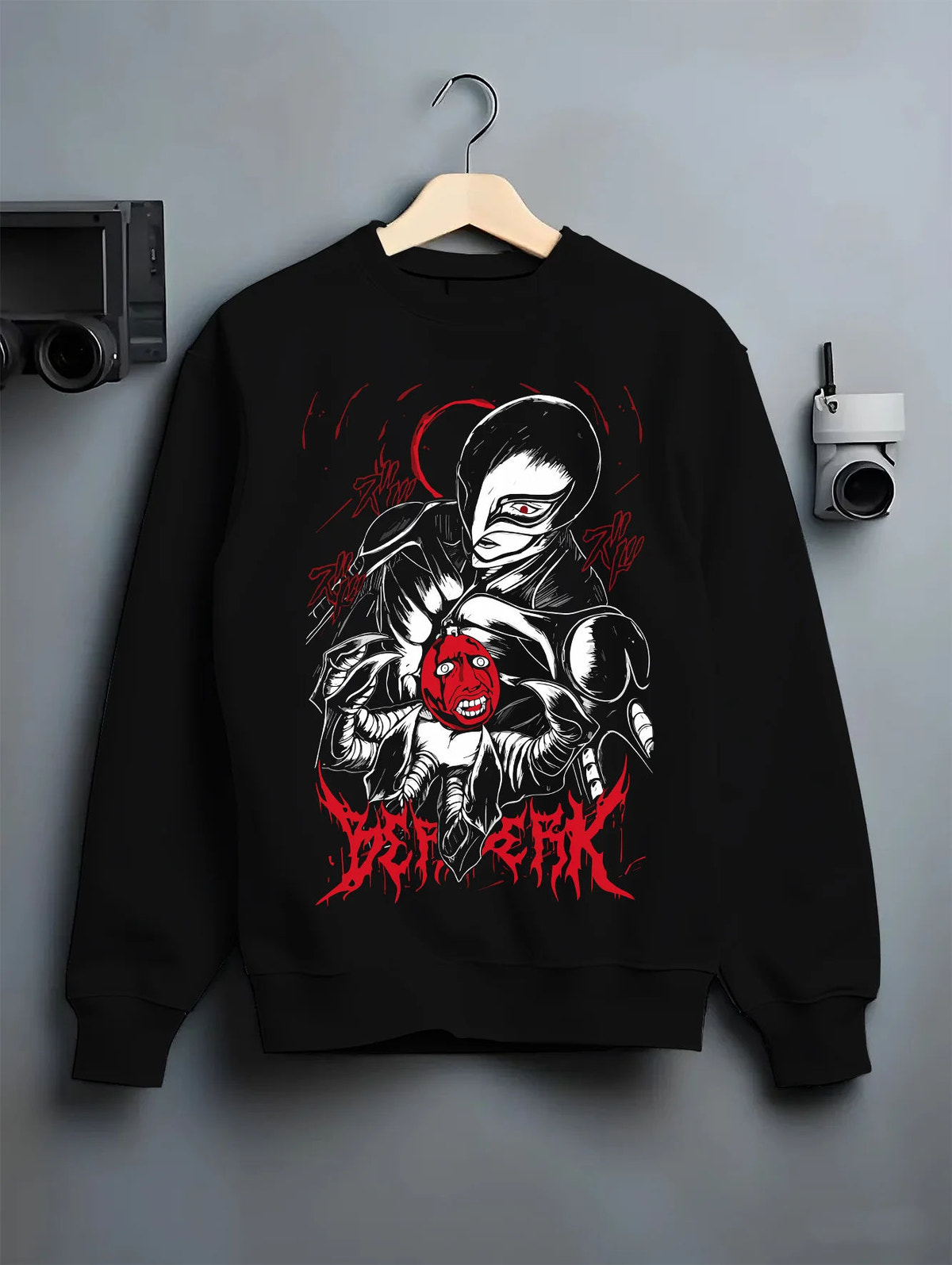 Black crewneck sweatshirt on hanger showing Griffith / Femto from Berserk: dark figure ()