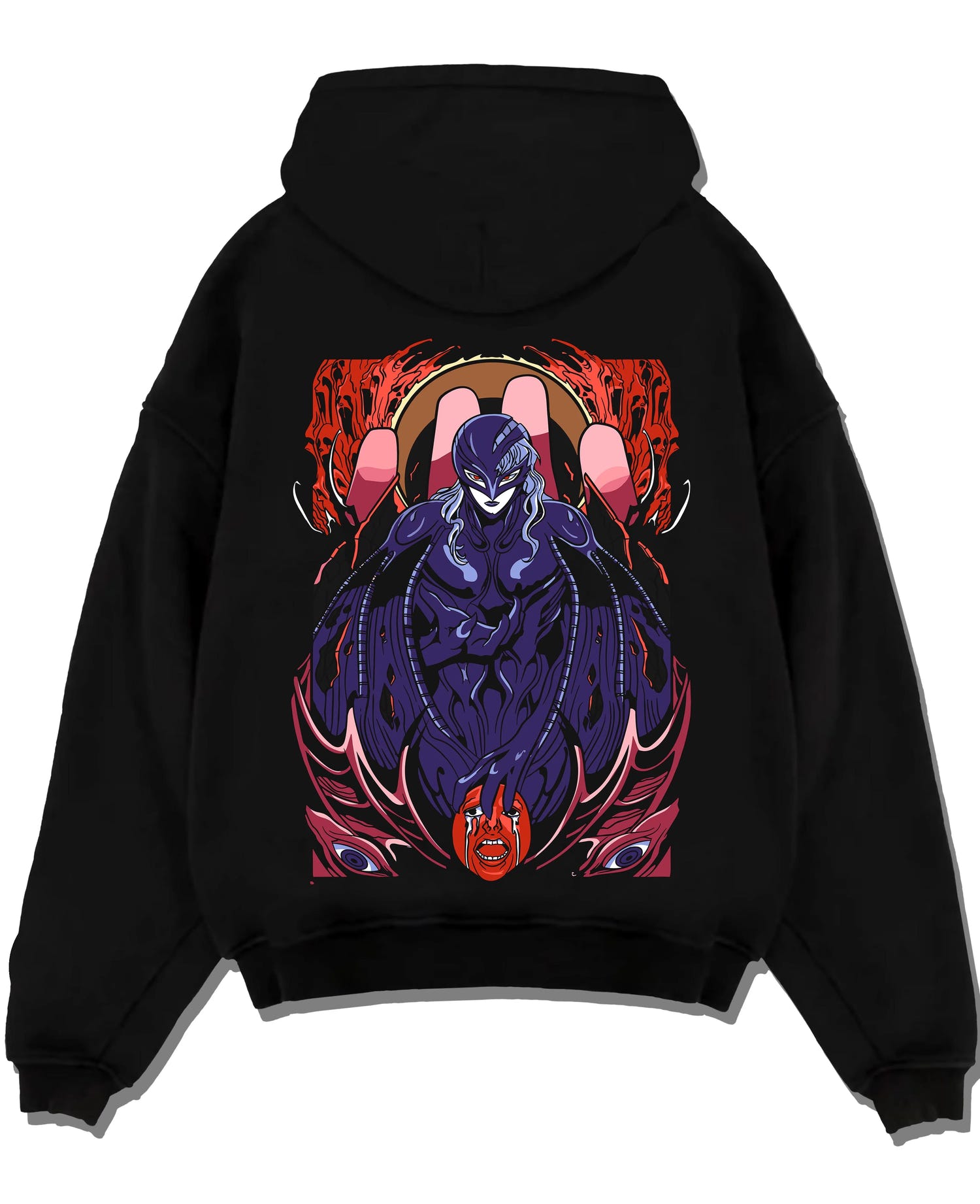 Black pullover hoodie laid flat on white background, featuring Griffith from Berserk in dark manga panel inspired villain artwork.