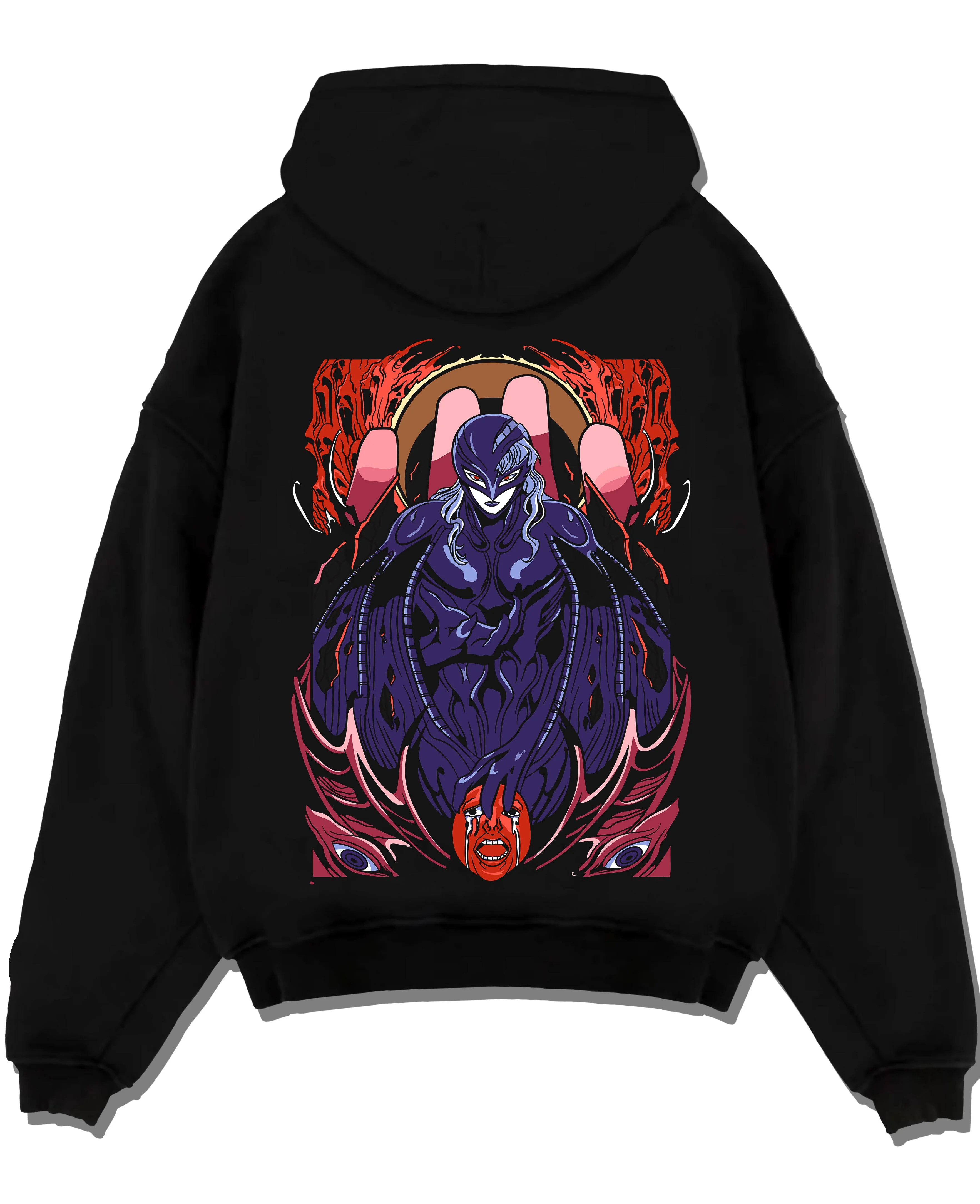 Black pullover hoodie laid flat on white background, featuring Griffith from Berserk in dark manga panel inspired villain artwork.