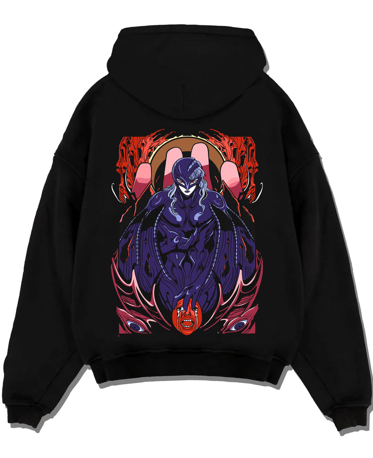 Black pullover hoodie laid flat on white background, featuring Griffith from Berserk in dark manga panel inspired villain artwork.
