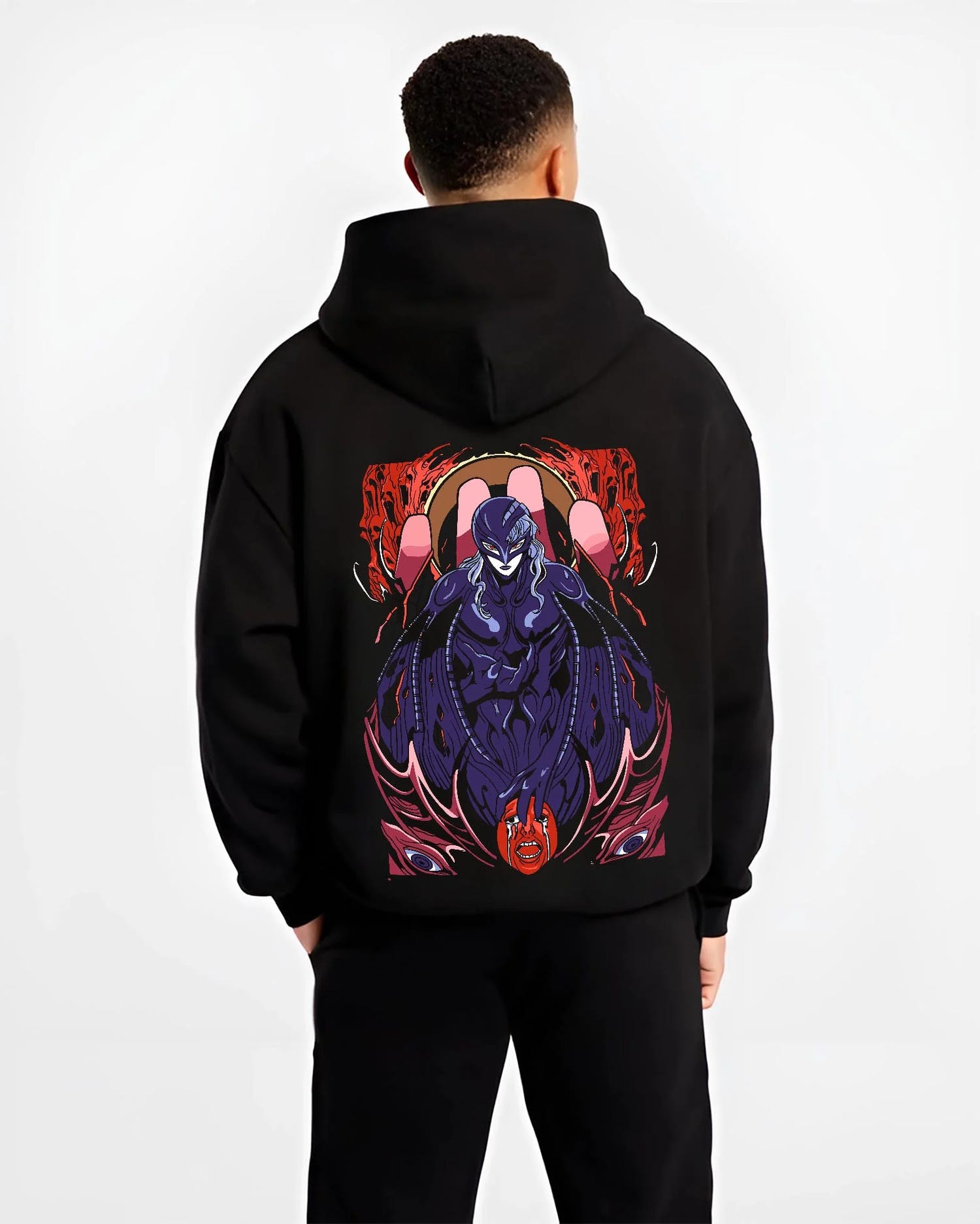 Black hoodie worn by male model, back view, showcasing Griffith Berserk anime poster inspired dark fantasy streetwear design.