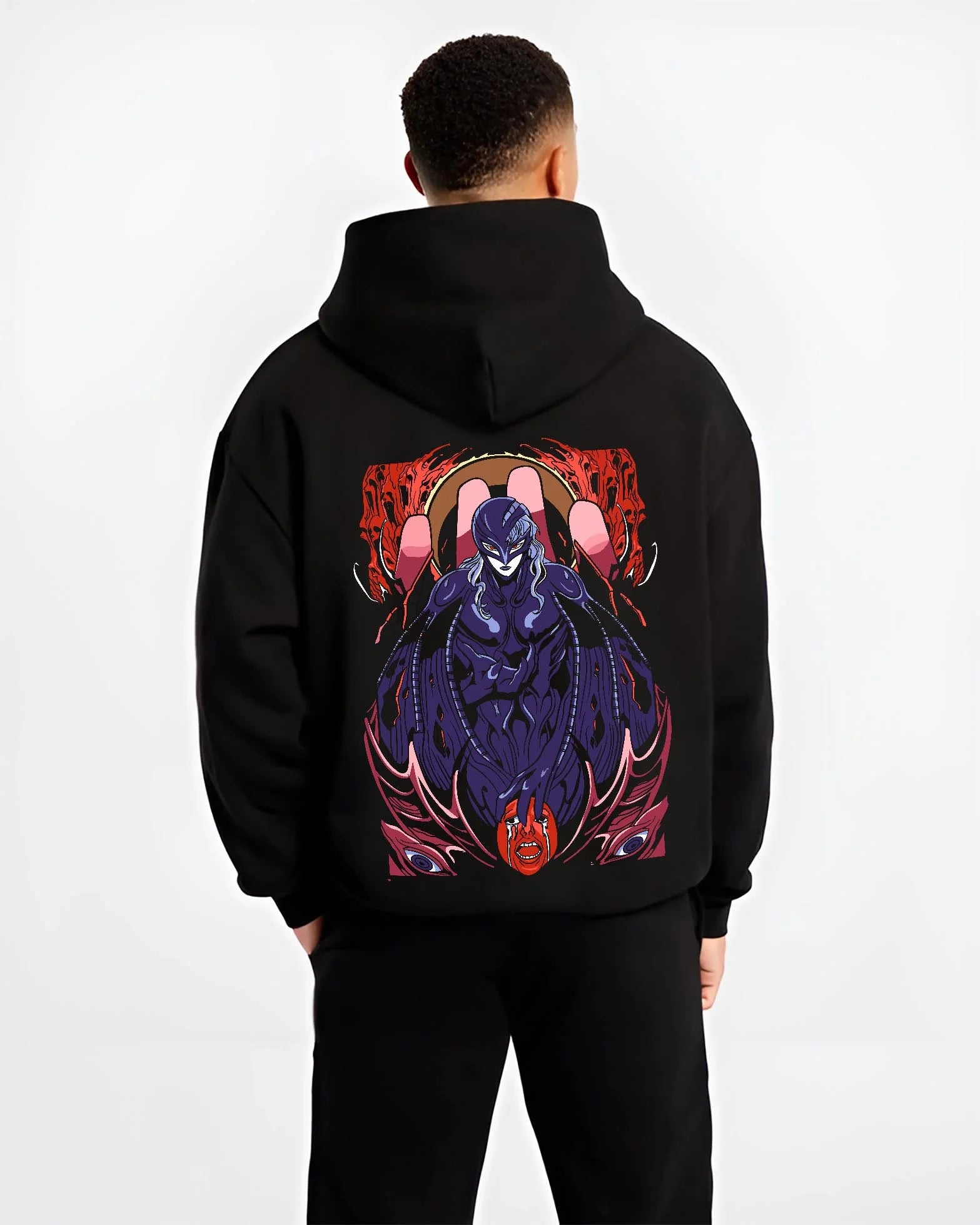 Black hoodie worn by male model, back view, showcasing Griffith Berserk anime poster inspired dark fantasy streetwear design.