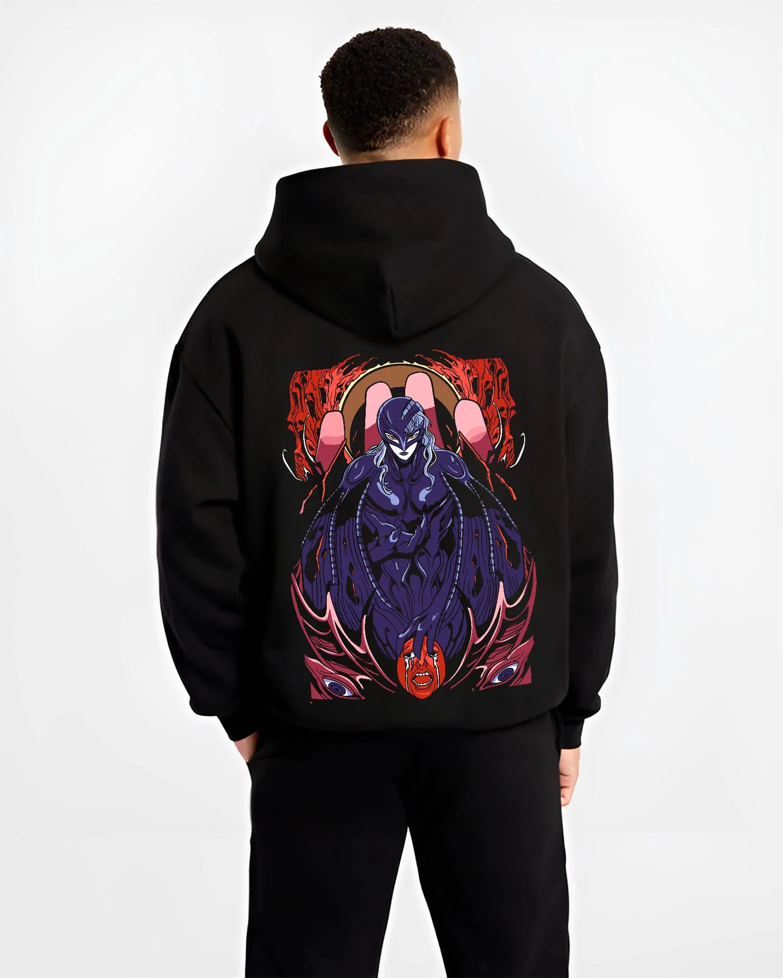 Black hoodie worn by male model, back view, showcasing Griffith Berserk anime poster inspired dark fantasy streetwear design.