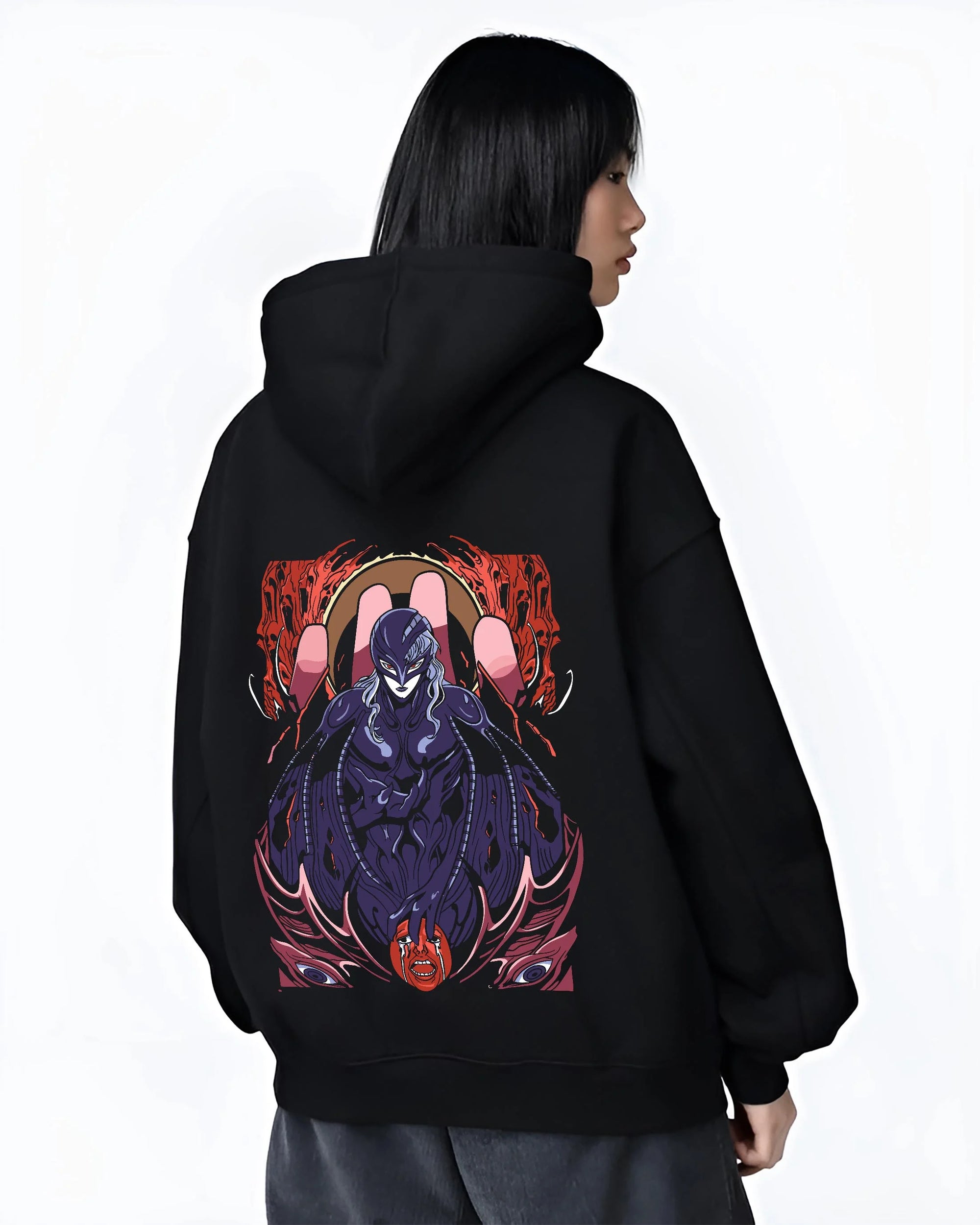 Black hoodie worn by female model, back view, featuring Griffith from Berserk in a cult classic dark manga aesthetic artwork.