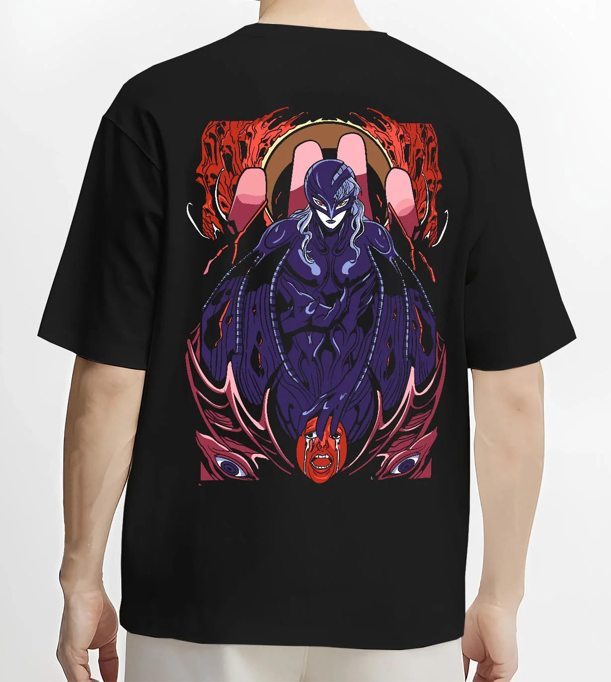 Black T-shirt worn by male model, back view, highlighting Griffith Berserk retro manga villain graphic in 90s inspired anime streetwear style.